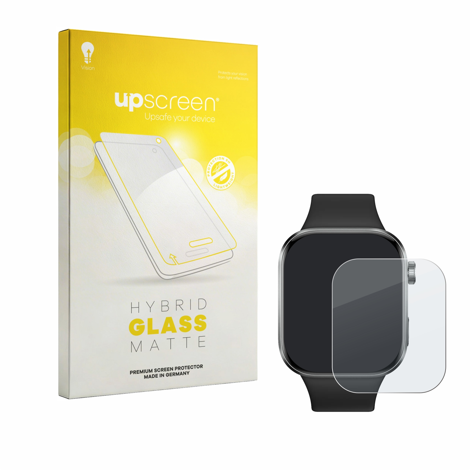 Verpackung für Displayschutzfolie neben einer Smartwatch mit Folie.