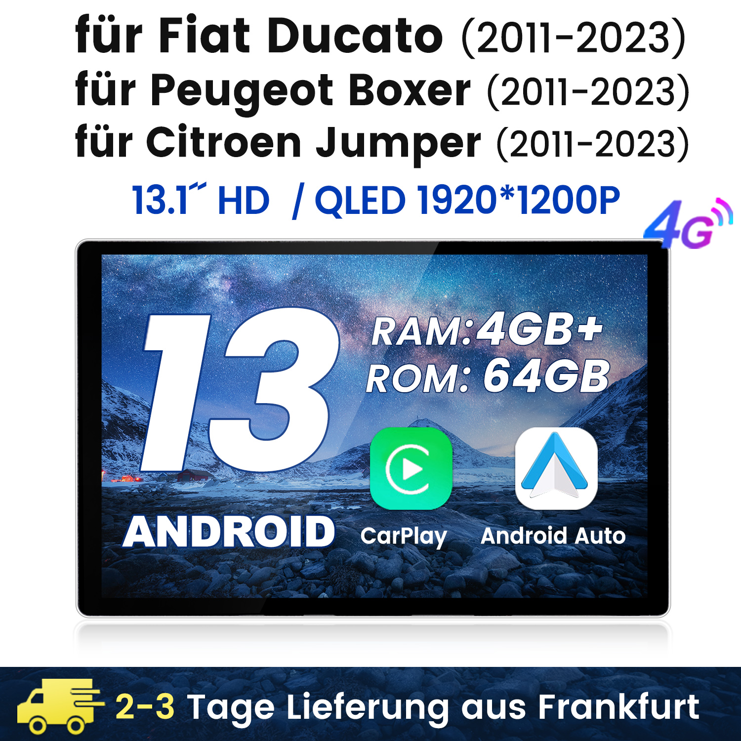13,1" Android-Bildschirm für Fiat Ducato, Peugeot Boxer, Citroen Jumper. 4GB RAM, 64GB ROM.