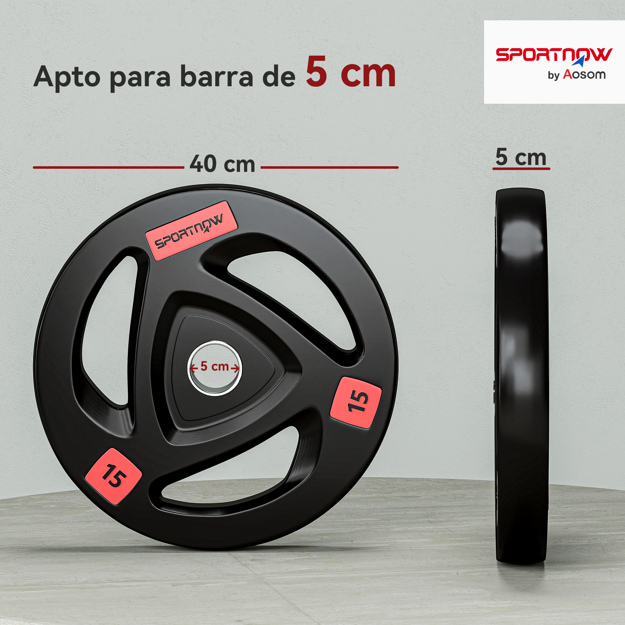 Disco de pesa negro, 40 cm diámetro, 5 cm agujero.