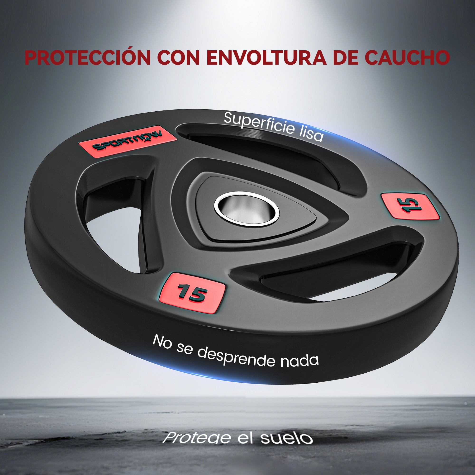 Disco de pesa negro con marca roja 15 y superficie lisa.
