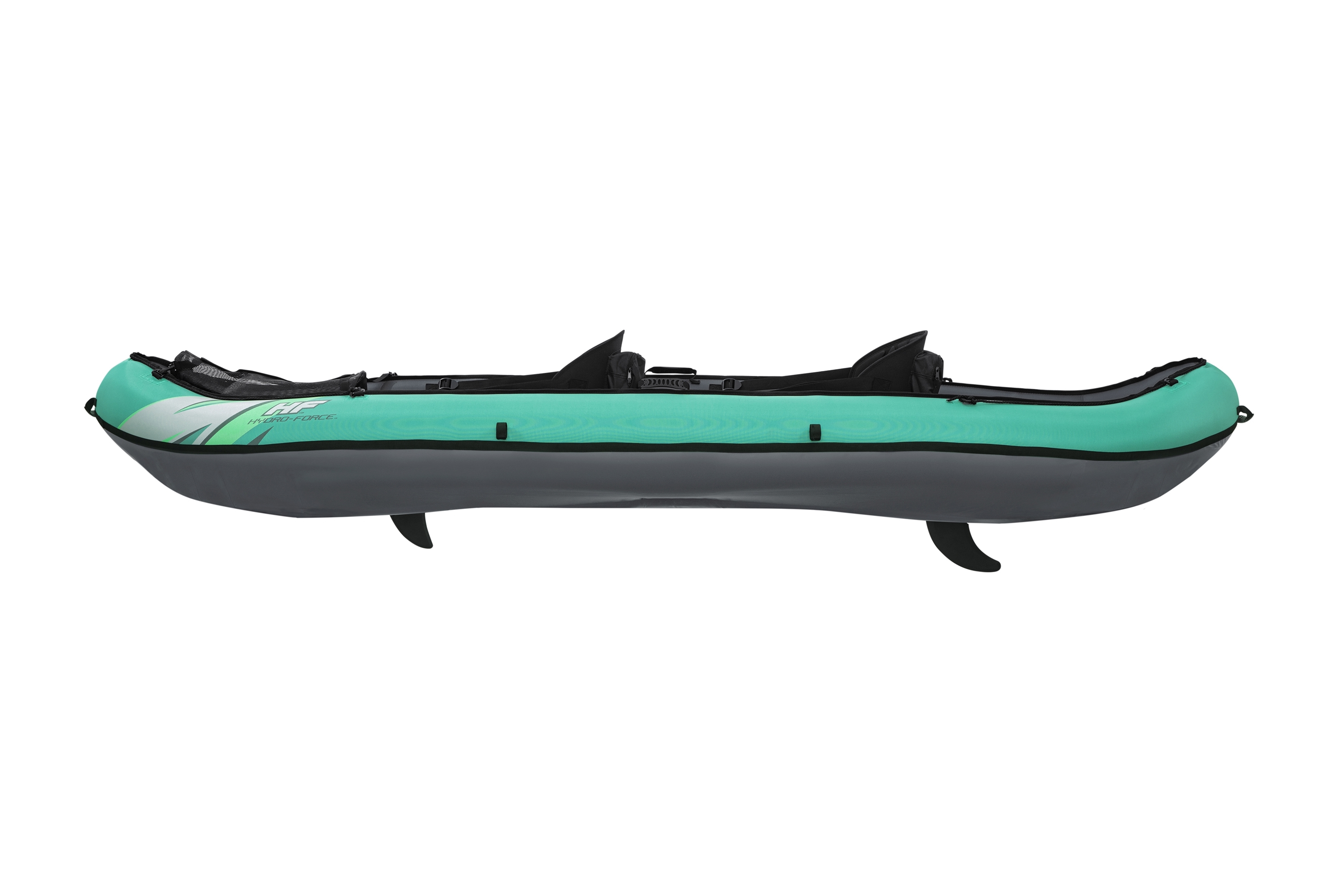 Un kayak turquesa con laterales grises y dos aletas.