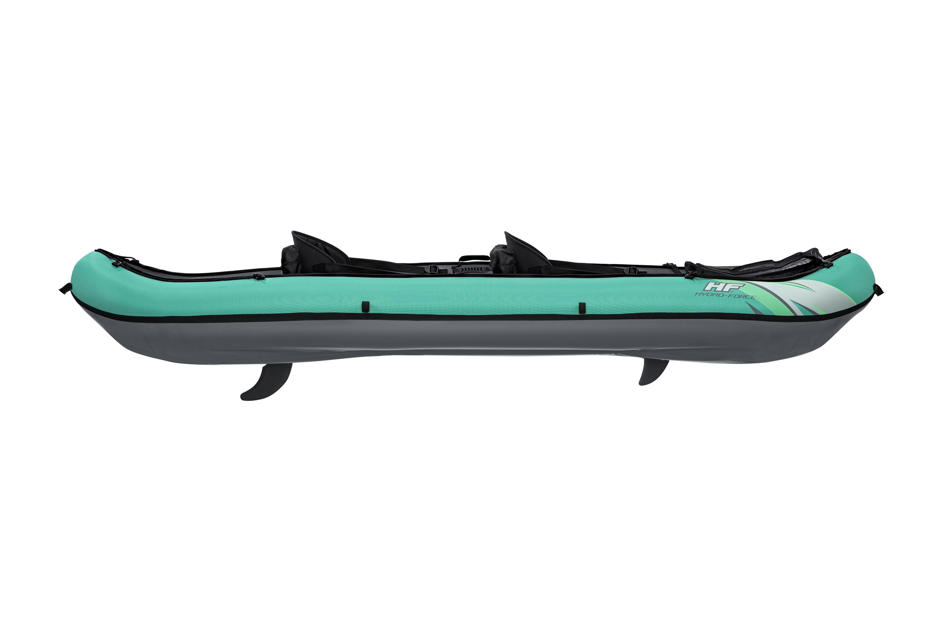 Un kayak inflable turquesa y gris con dos asientos y dos aletas.