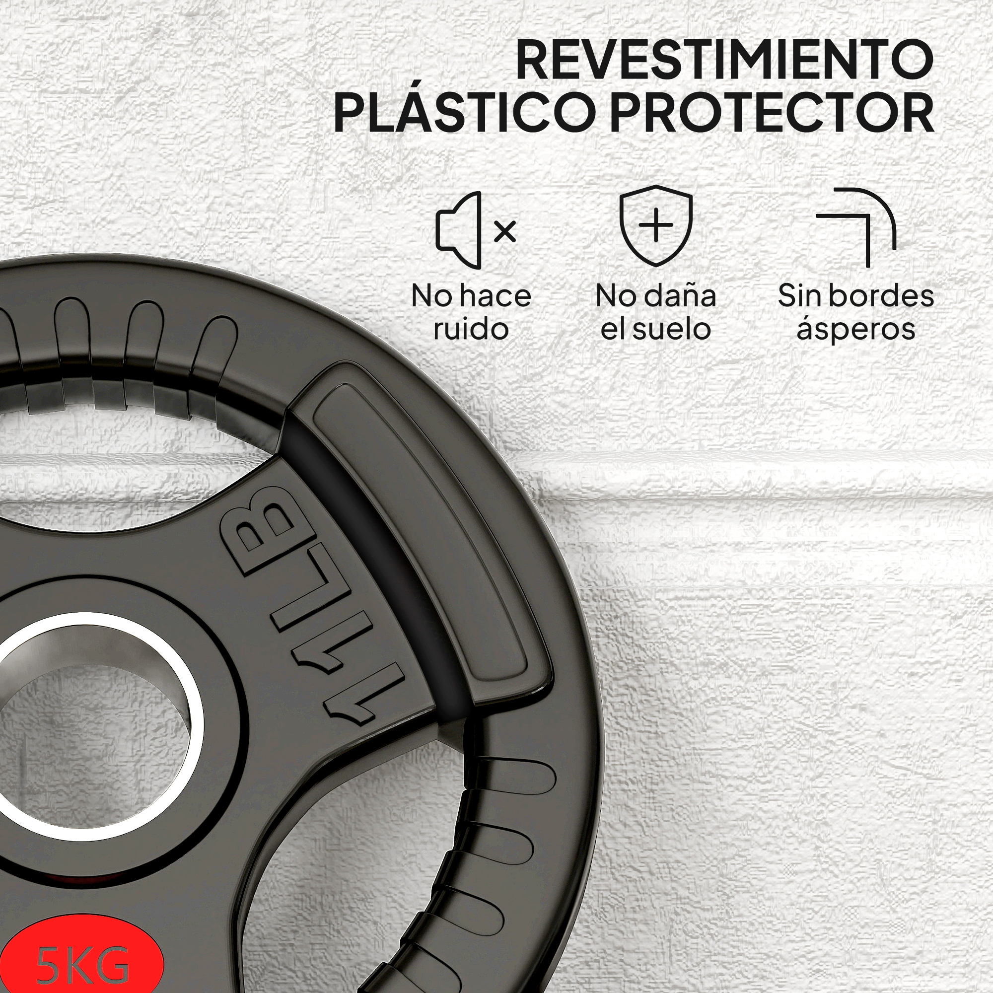Disco de peso negro de 5 kg y 11 lb sobre fondo blanco texturizado.