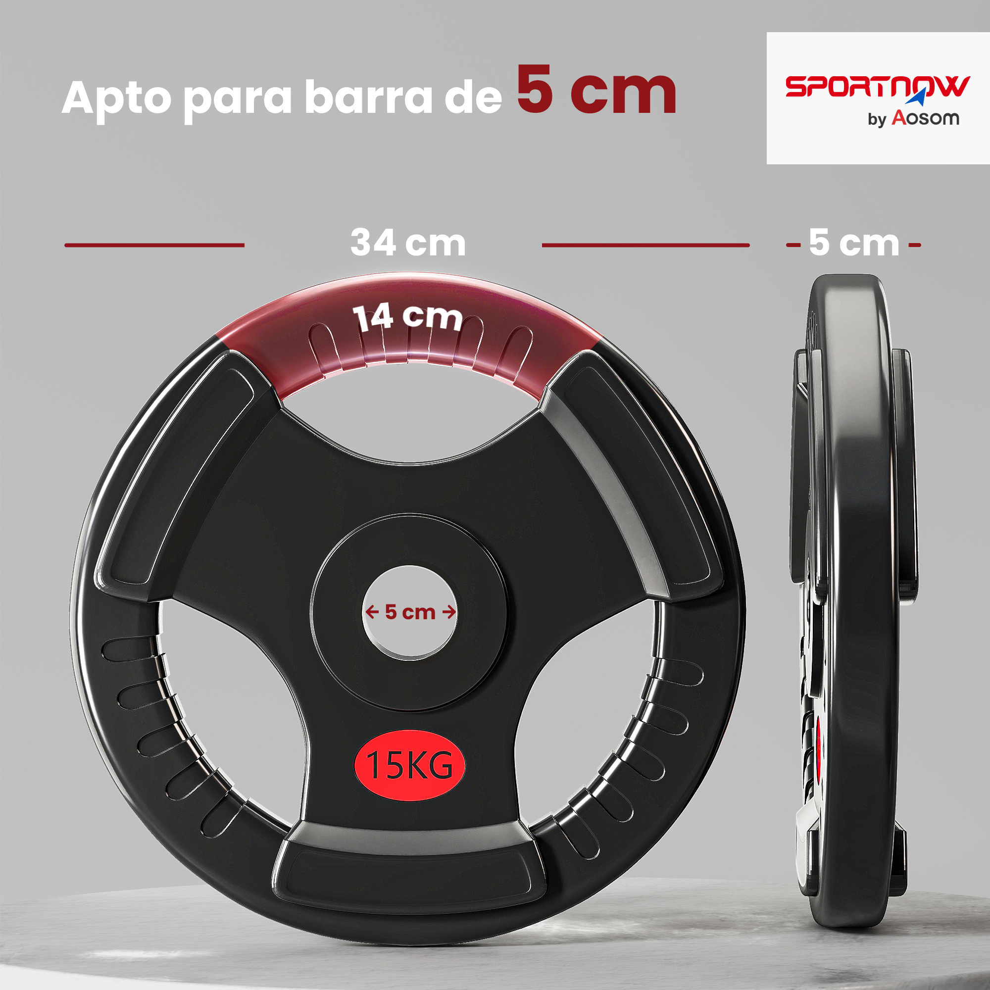 Disco de pesa negro de 15kg con detalle de agarre rojo. Dimensiones 34cm diámetro, 5cm grosor.