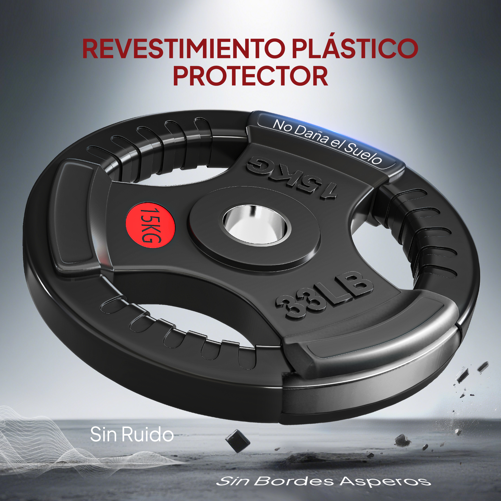 Disco de pesa negro de 15 kg con asas, muestra "No Daña el Suelo".