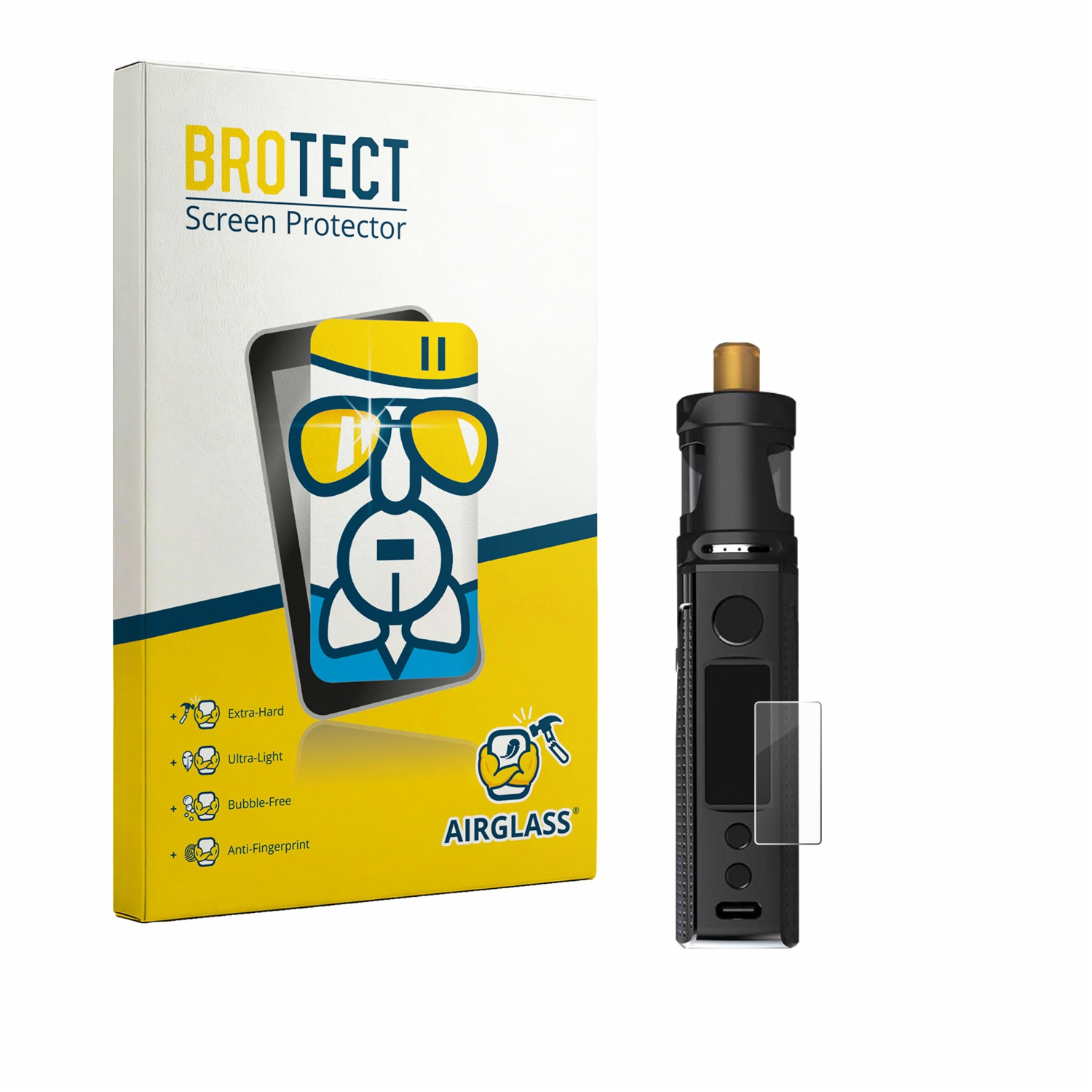Packung mit BROTECT Displayschutzfolie und einem schwarzen Vape-Gerät.