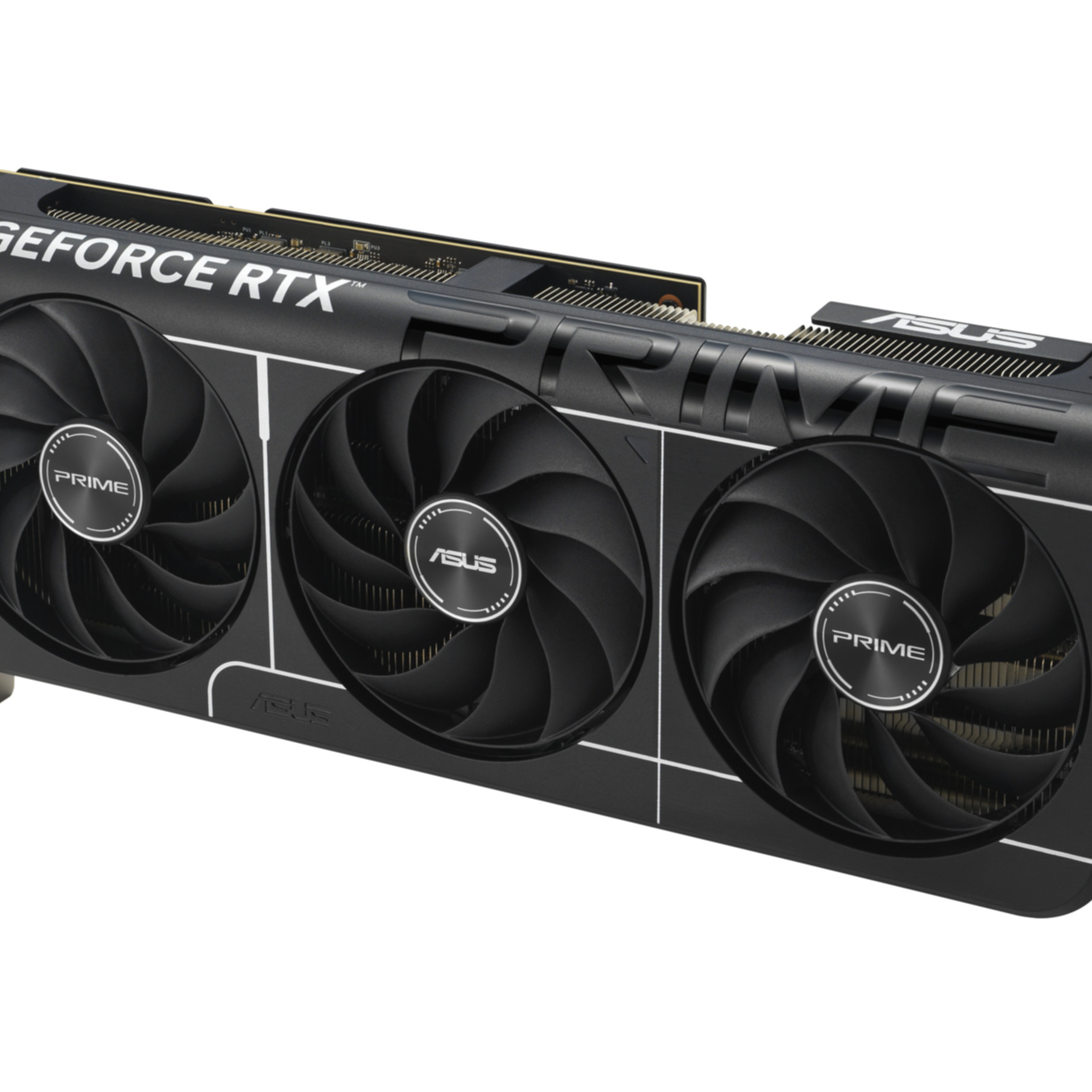 Black graphics card with three fans, labeled GeForce RTX and Prime.