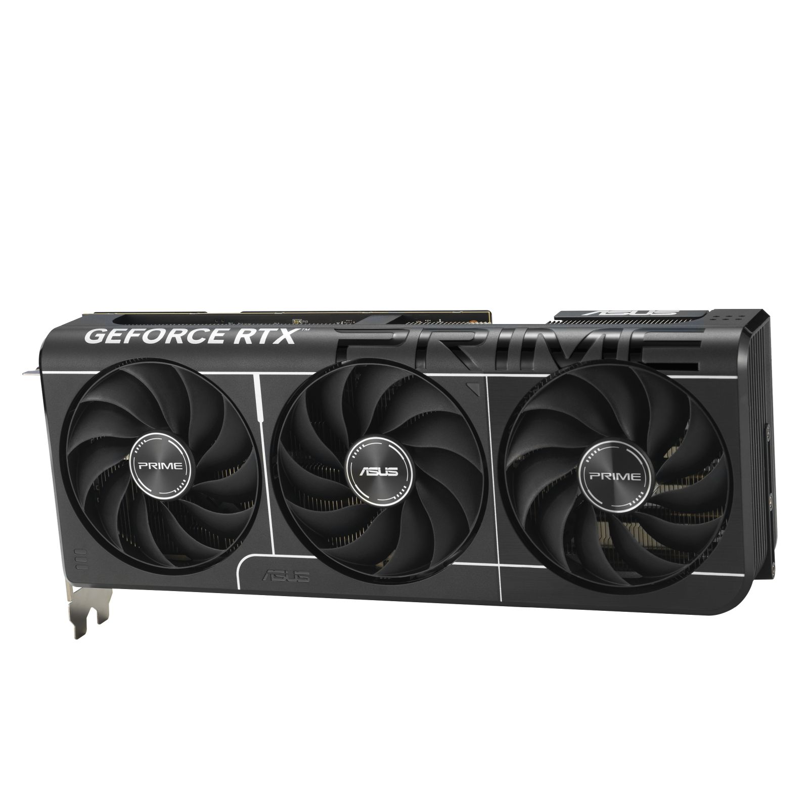 A black ASUS GeForce RTX graphics card with three fans. The casing is black with white lettering.