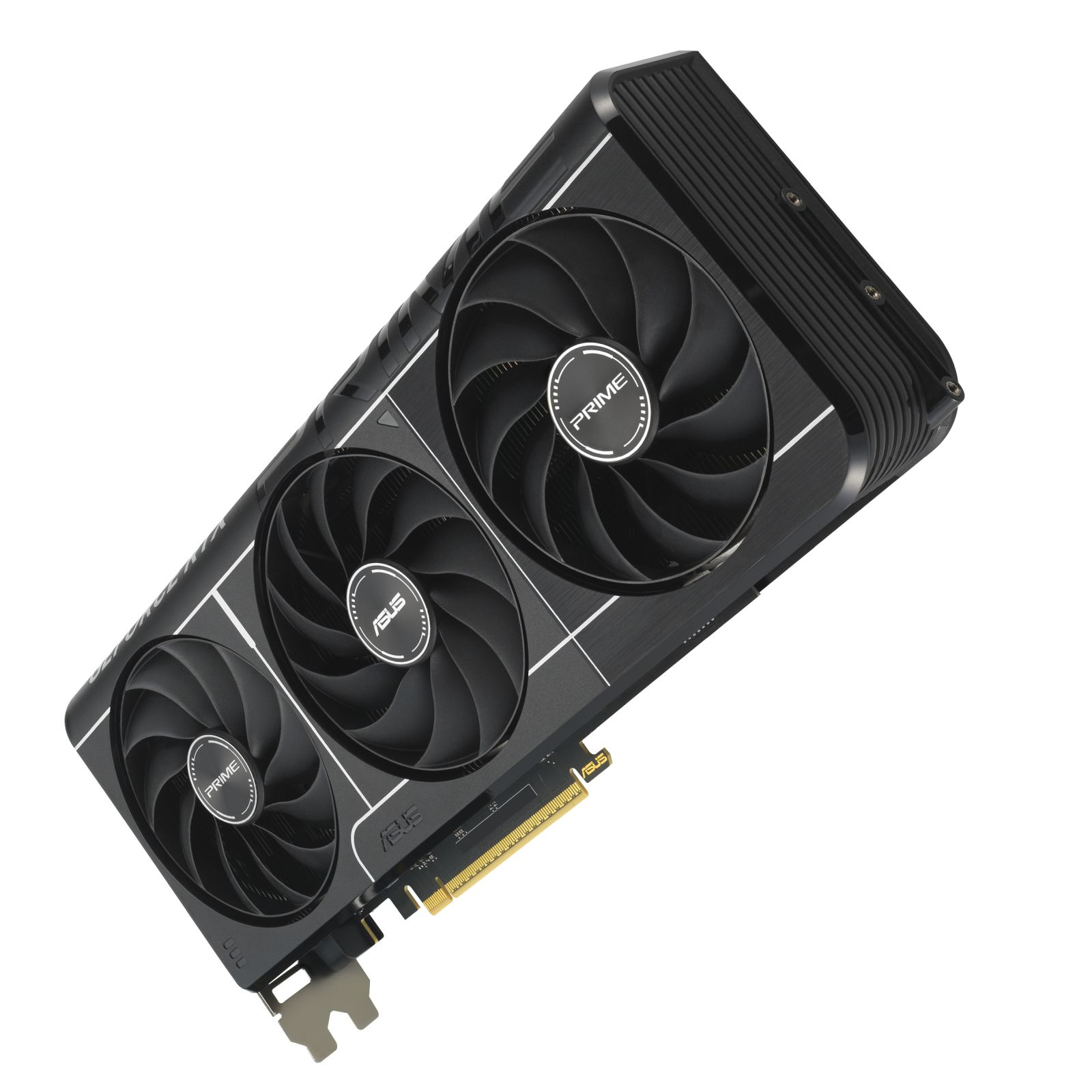 Black graphics card with three fans and silver accents, on a white background.