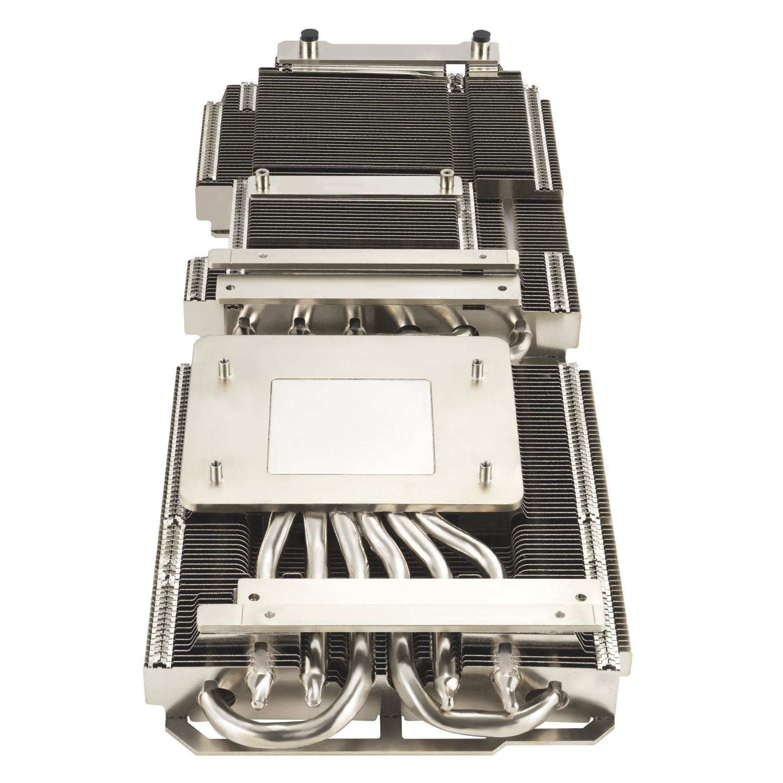 A silver CPU cooler with multiple copper heat pipes and black fins.