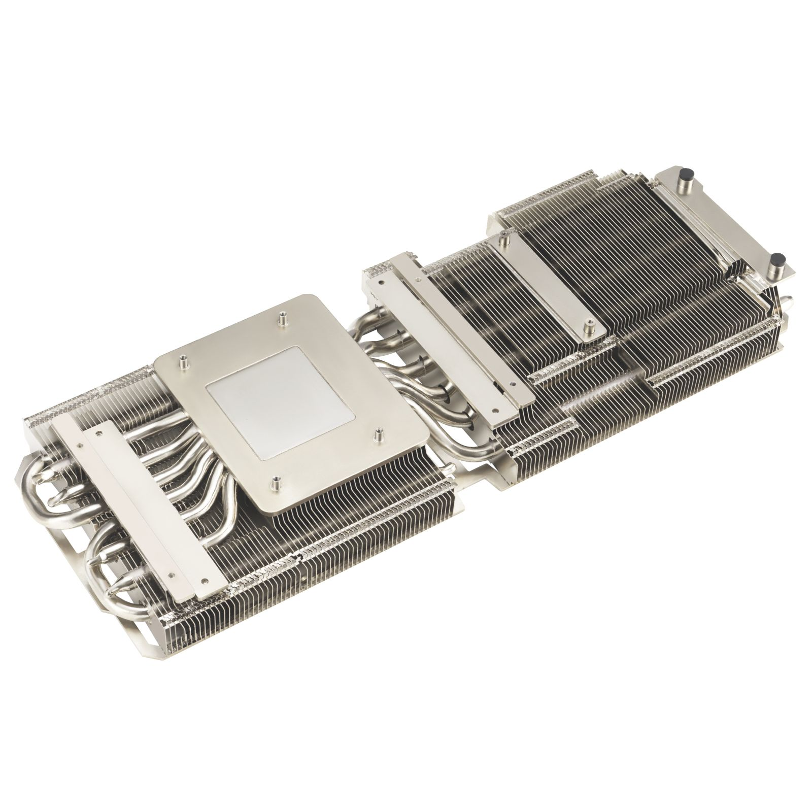 Silver metal heatsink with copper pipes and fins on a white background.
