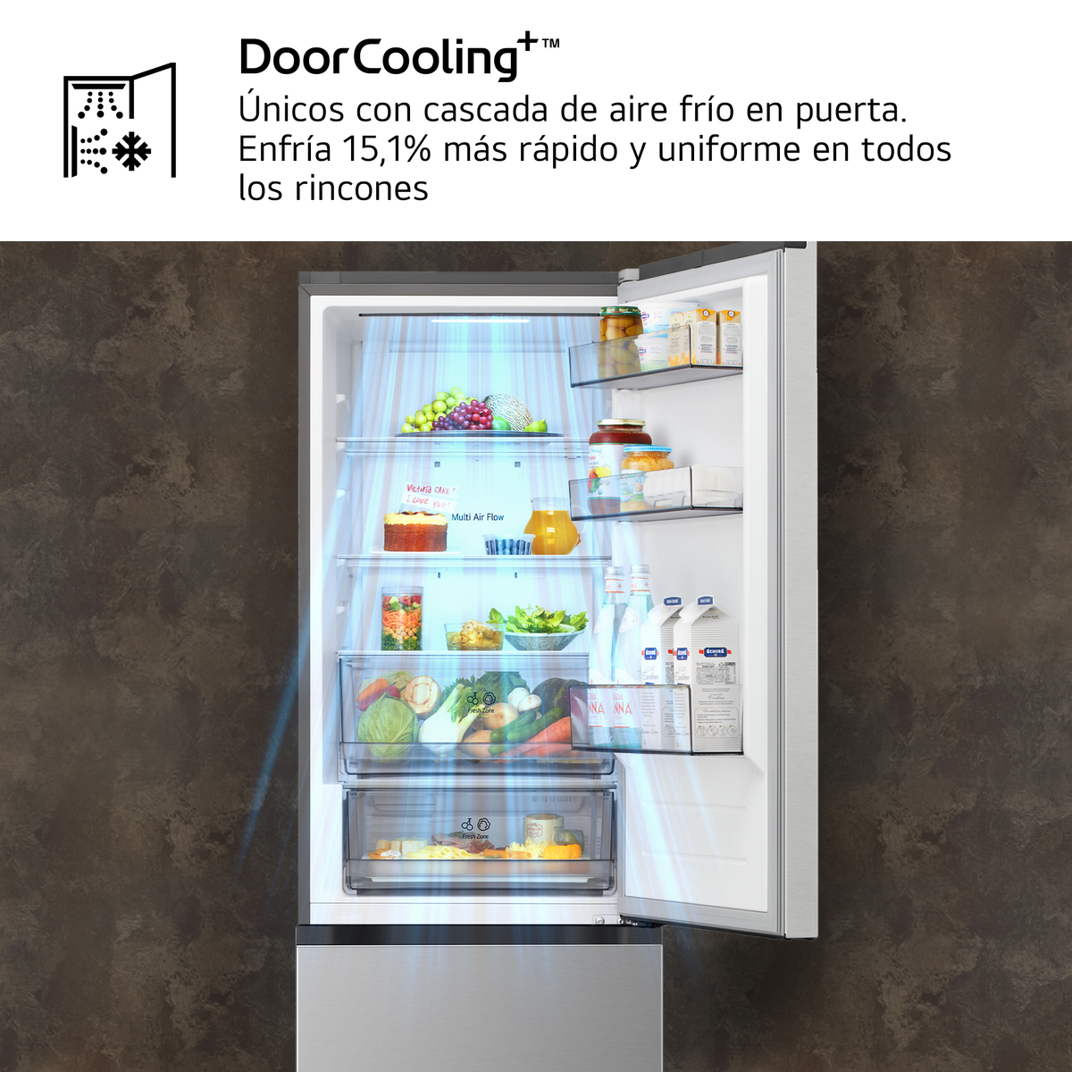 Un refrigerador abierto con flujo de aire azul, lleno de alimentos.