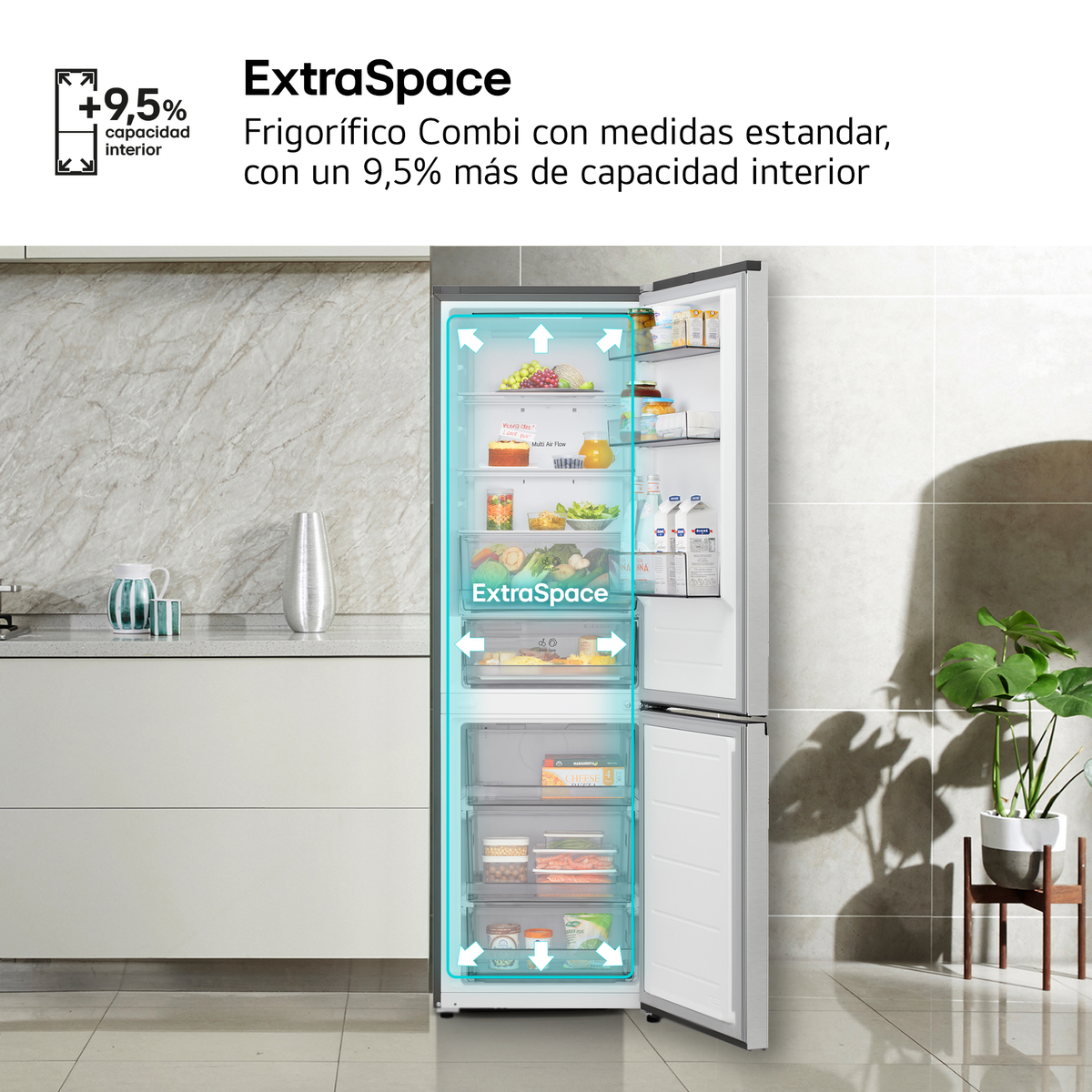 Un frigorífico abierto lleno de comida, destacando el espacio extra.