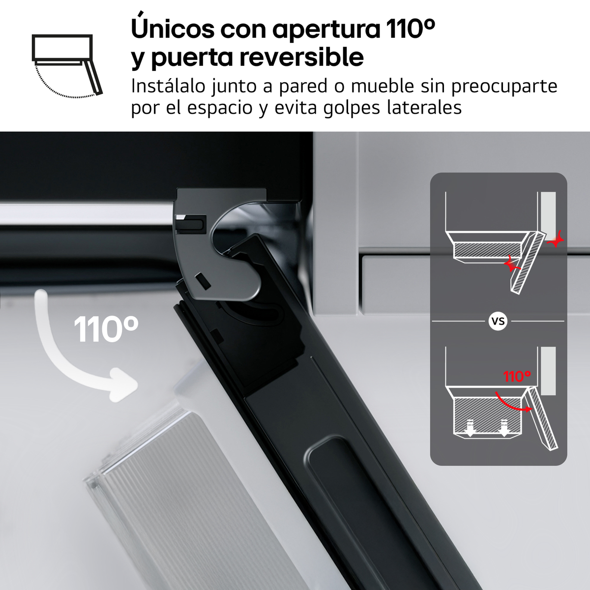 Apertura 110° con puerta reversible, ahorra espacio y evita golpes laterales.