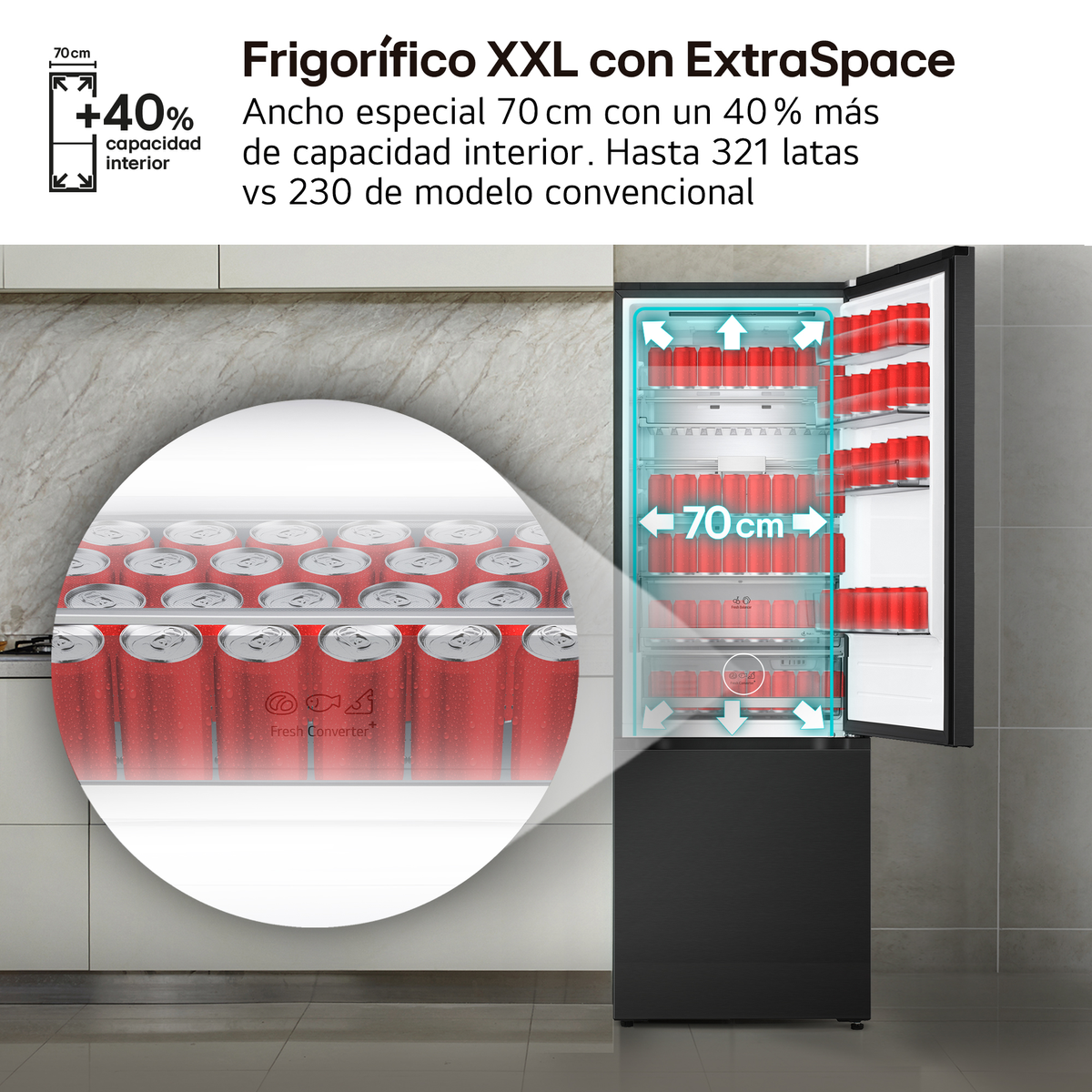 Un frigorifero nero con la porta aperta, pieno di lattine rosse.