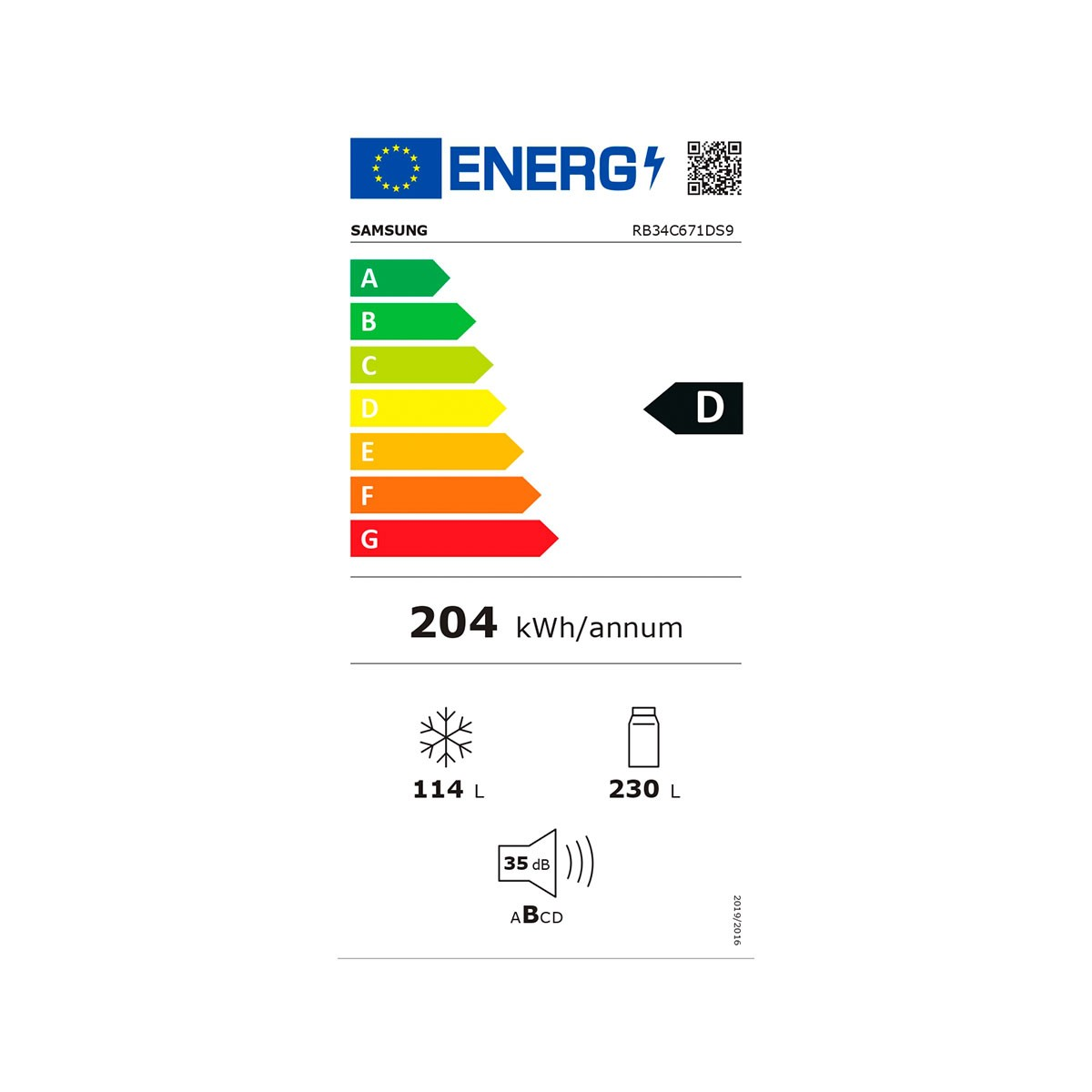 Etiqueta energética Samsung, clase D, 204 kWh/año. Congelador 114L, Frigorífico 230L.