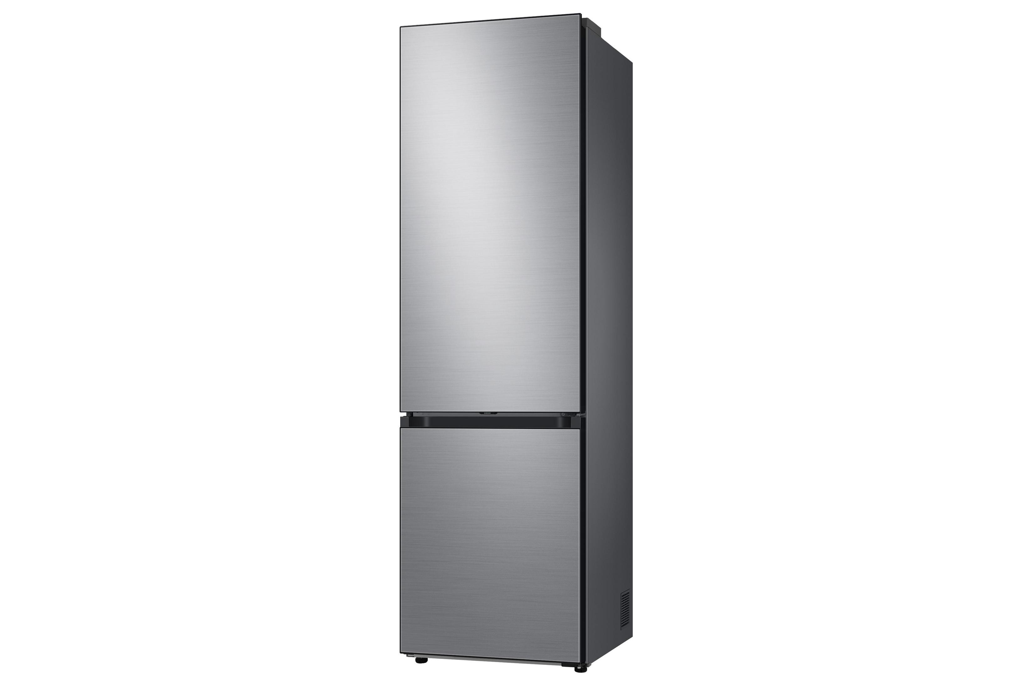 Un refrigerador plateado y elegante de dos puertas, una arriba y otra abajo.