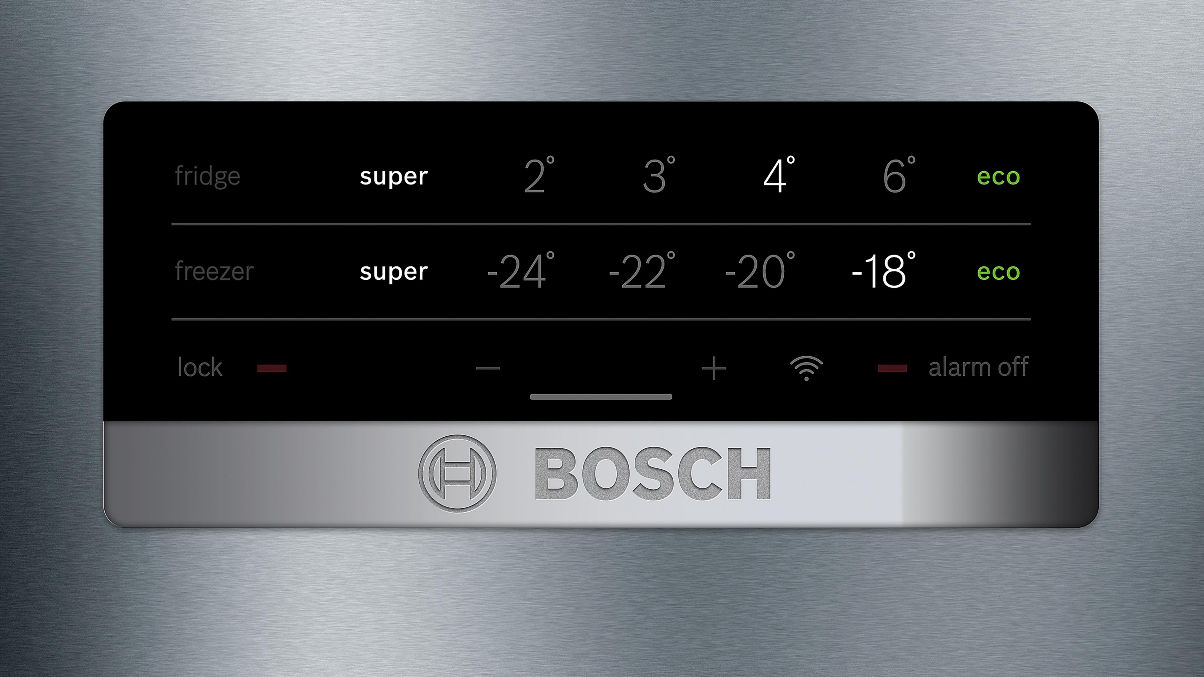 Bosch Kühlschrank-Display mit Temperaturen für Kühl- und Gefrierbereich.