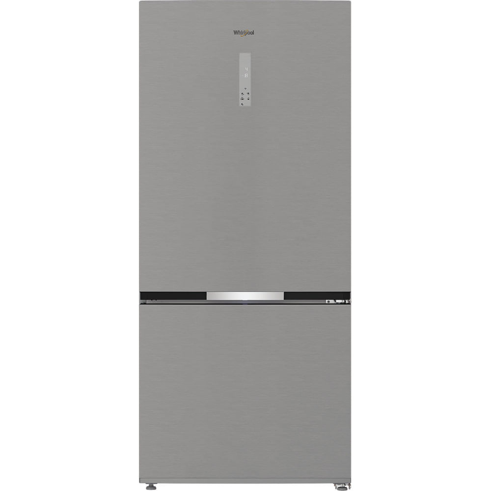 Un frigorifero Whirlpool argento spazzolato con display digitale sulla porta superiore.