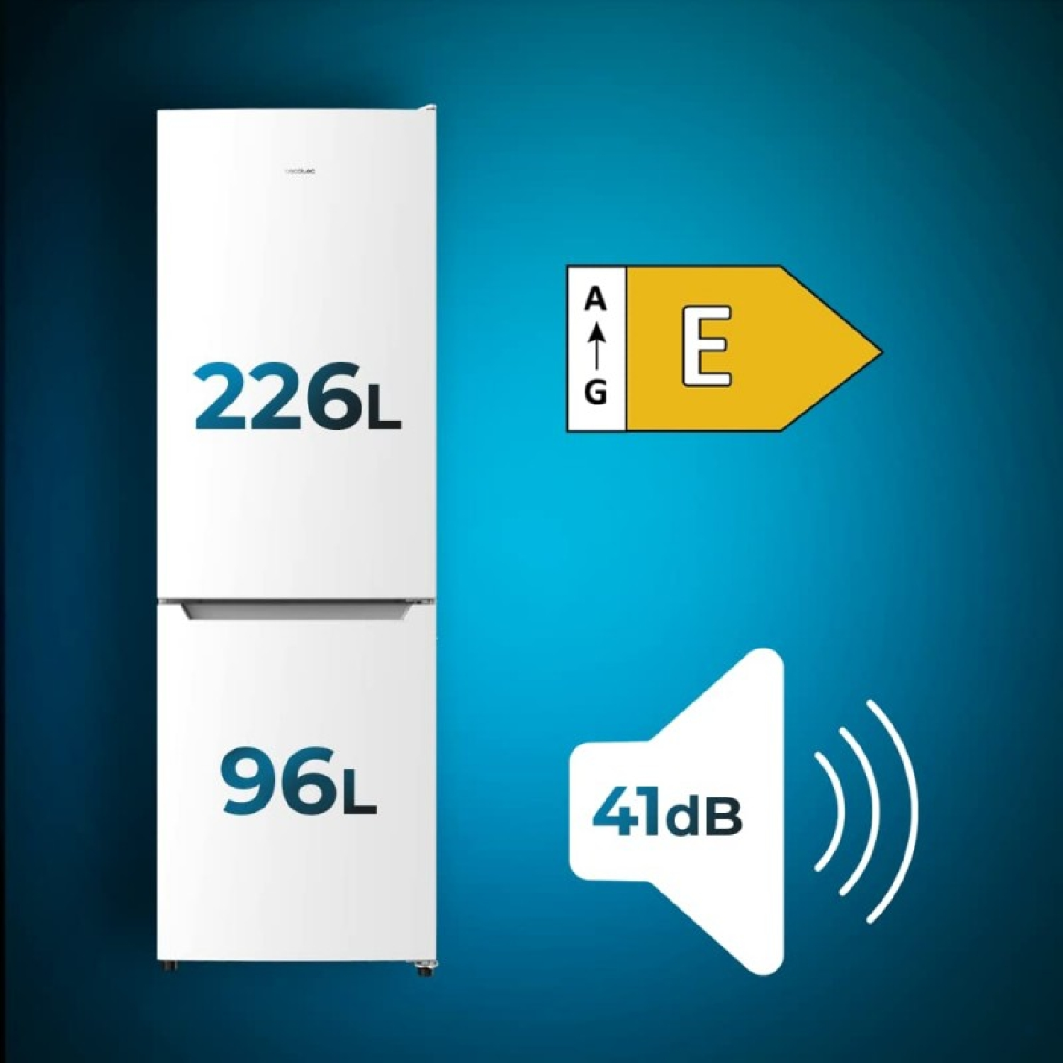 Un frigorifero bianco con 226L di frigo e 96L di freezer, classe energetica E, 41dB.