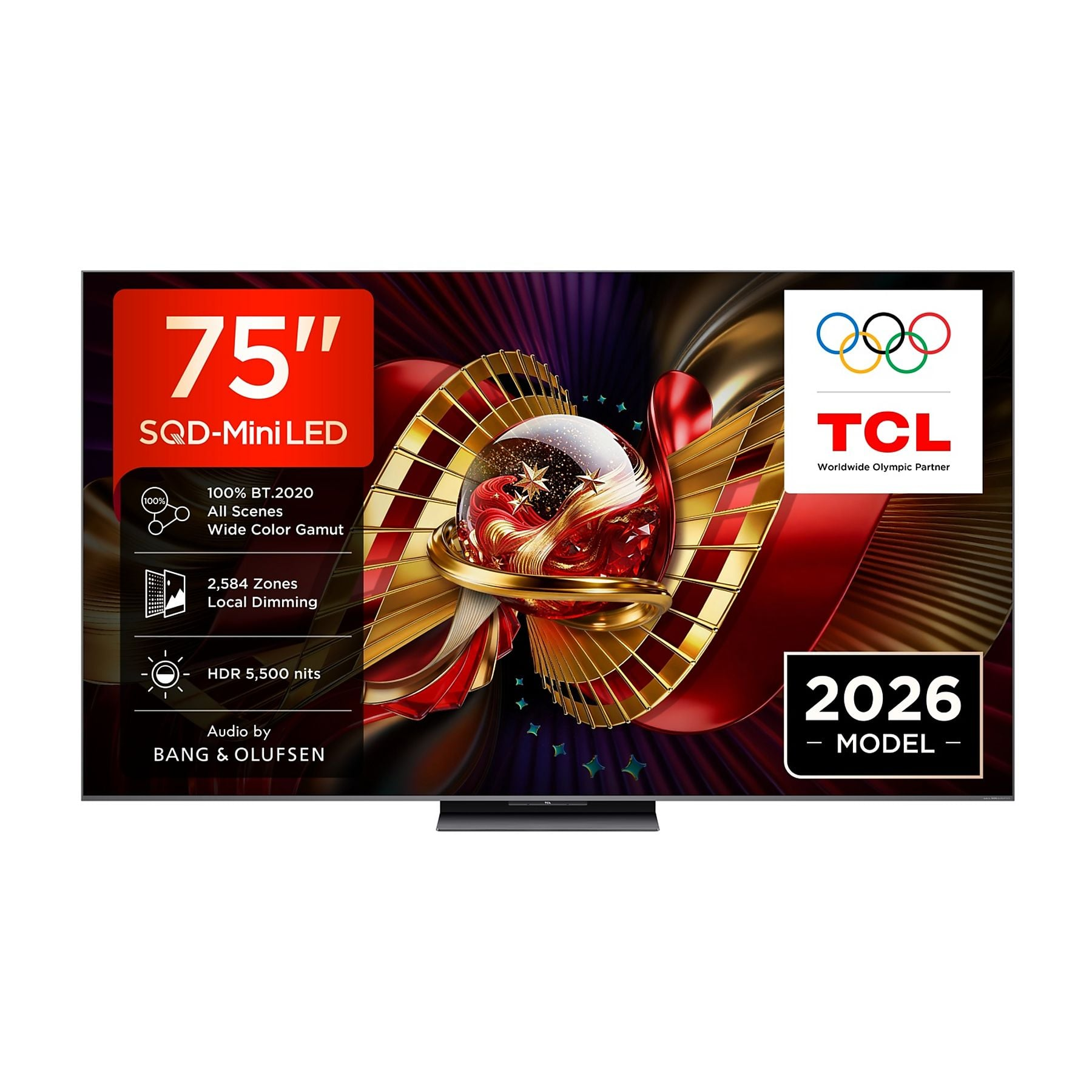 TV TCL SQD-Mini LED de 75" con logo de Anillos Olímpicos, modelo 2026.
