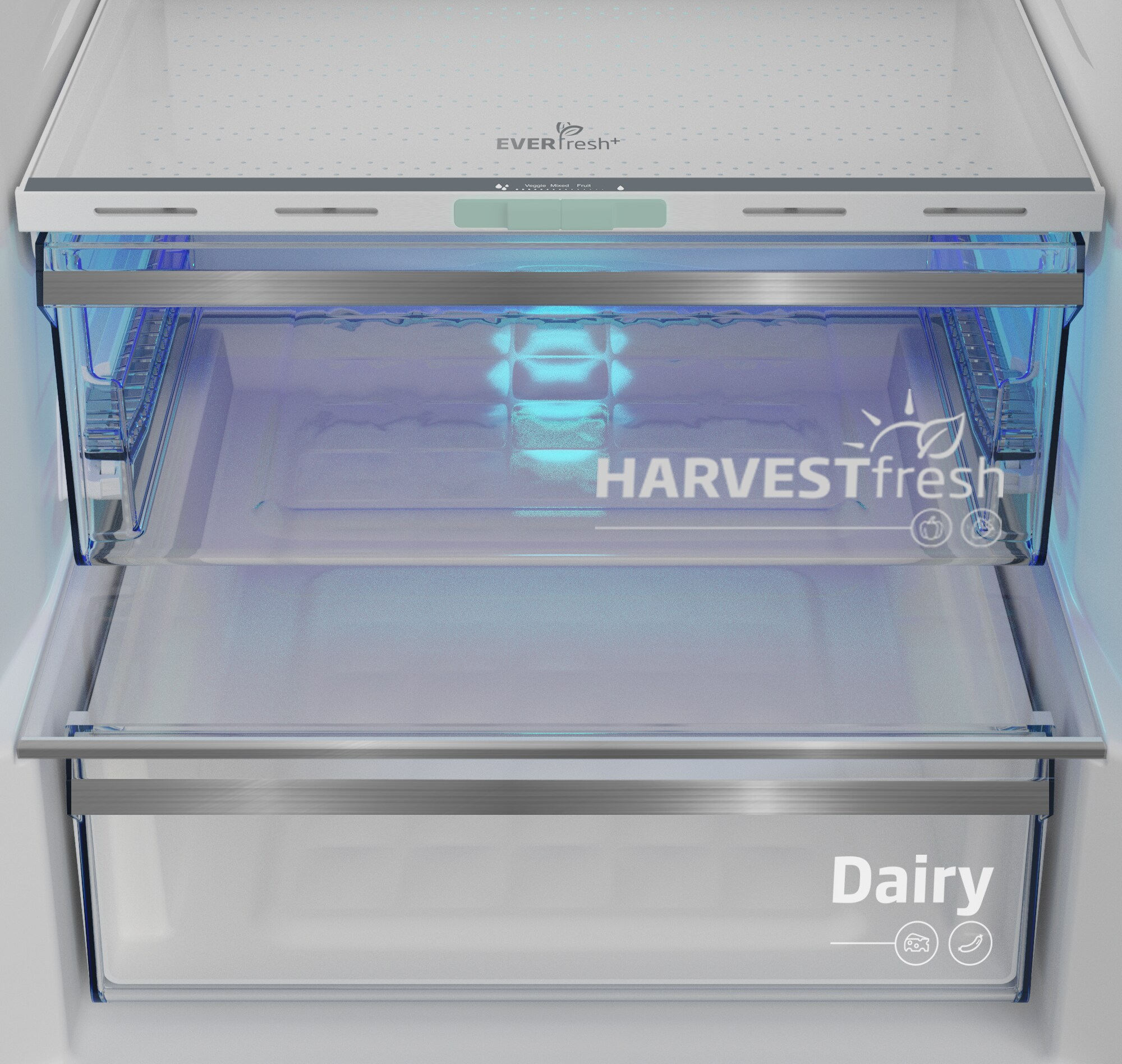 Pusta lodówka z szufladą na nabiał i szufladą HarvestFresh z niebieskim światłem.
