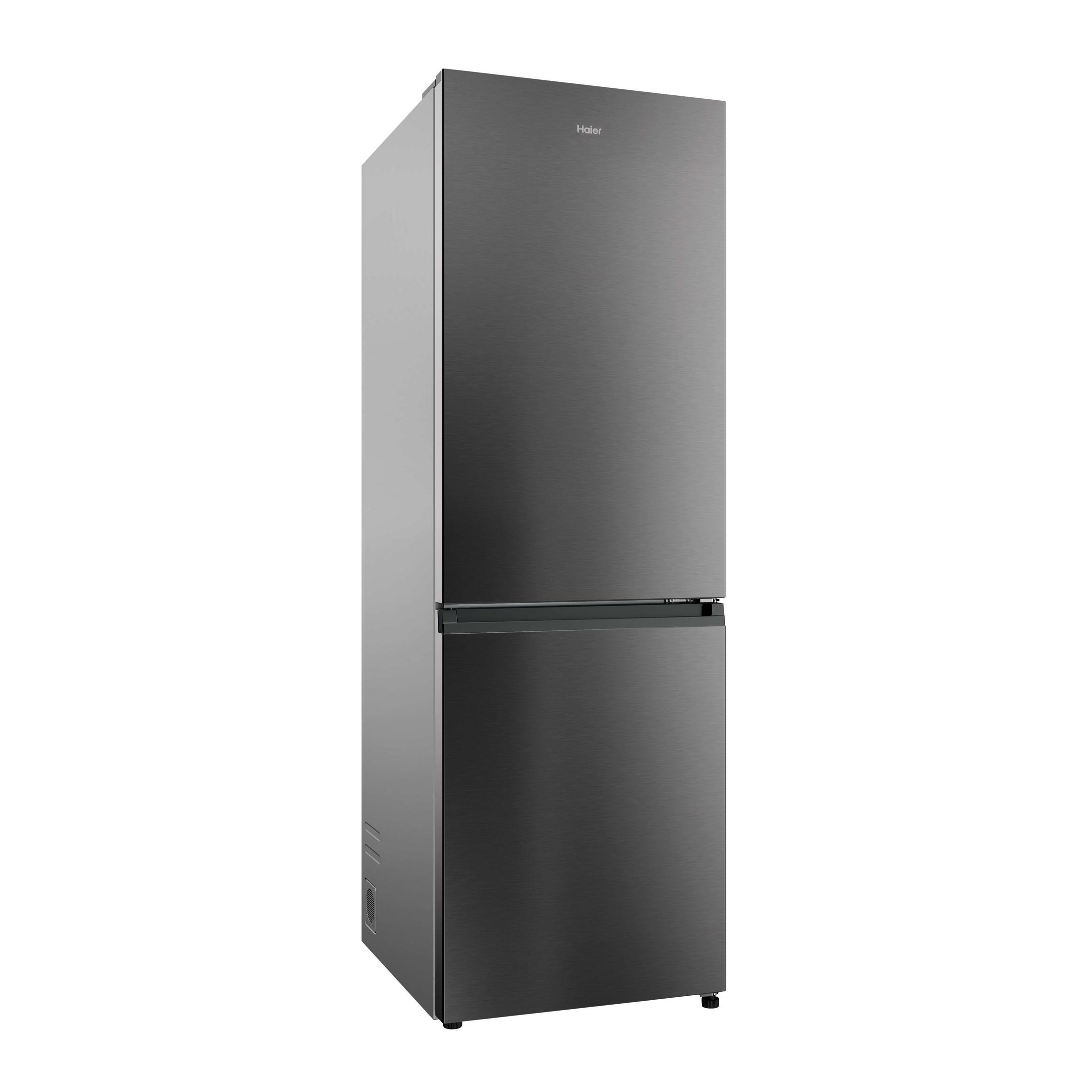 Un frigorifero Haier grigio a due porte, sopra e sotto.