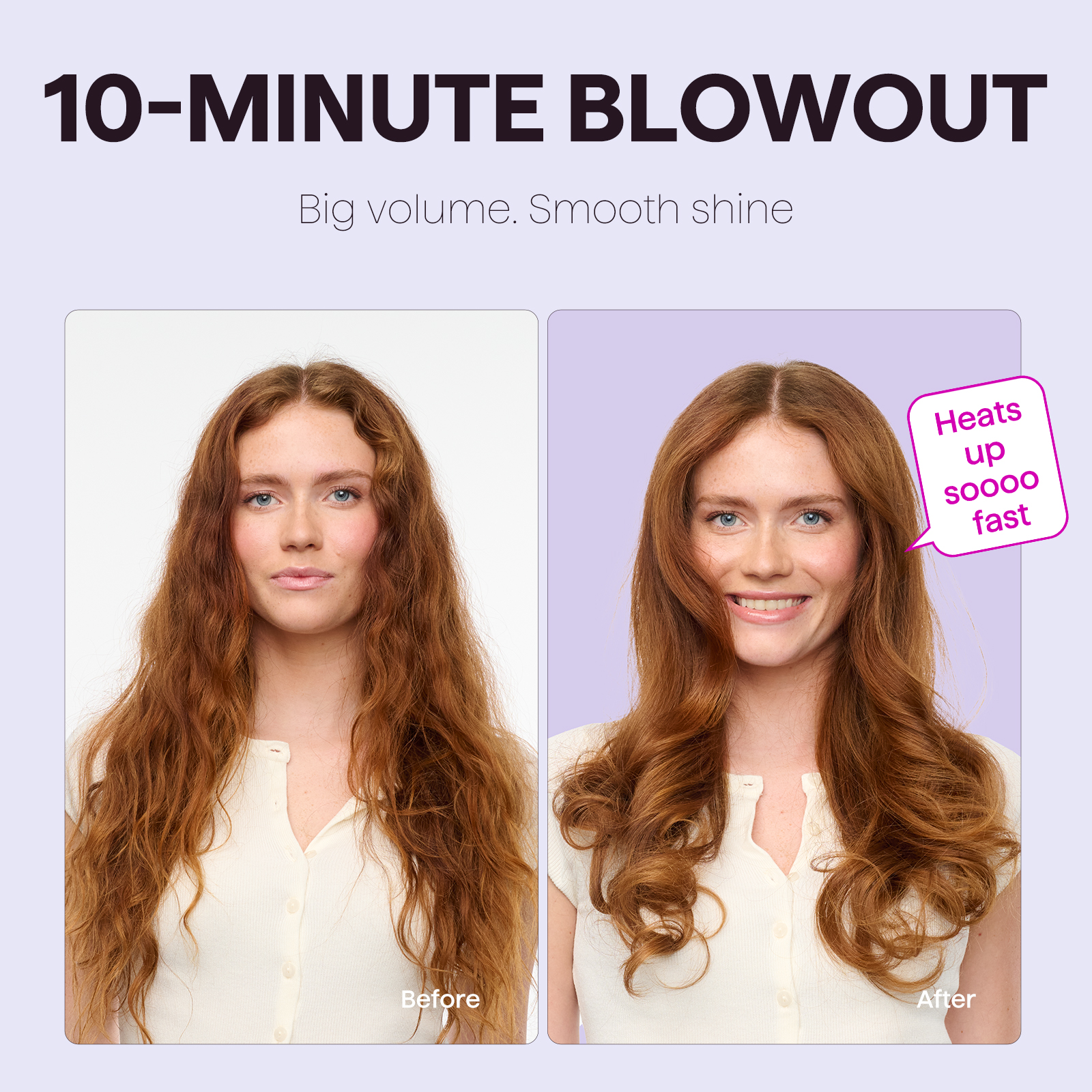 Comparaison avant/après d'une femme aux cheveux roux ; raides vs volumineux.