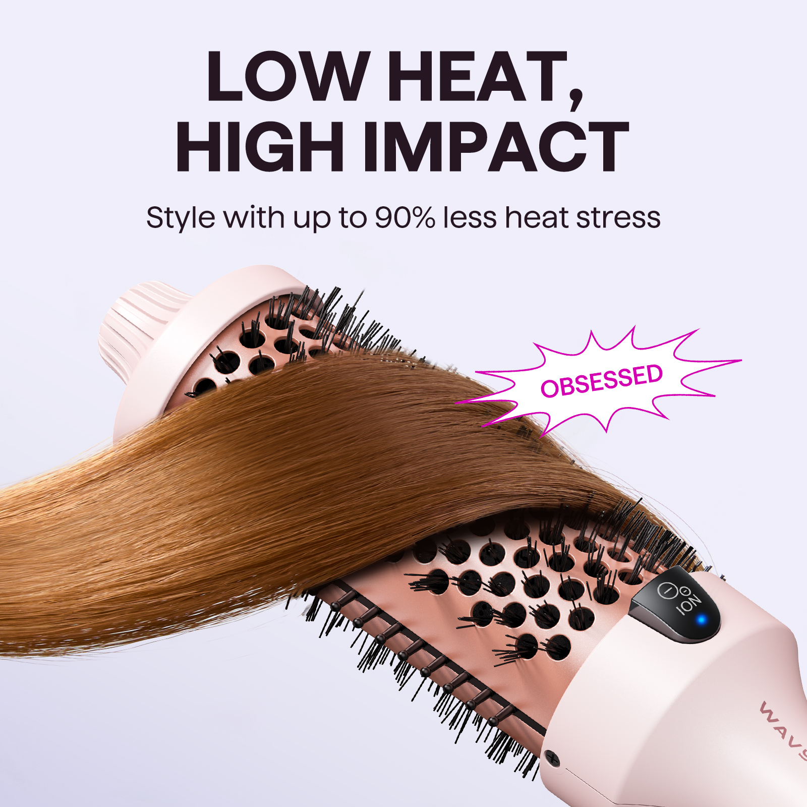 Une tête de brosse à air chaud rose avec des cheveux bruns et un autocollant "OBSESSED".