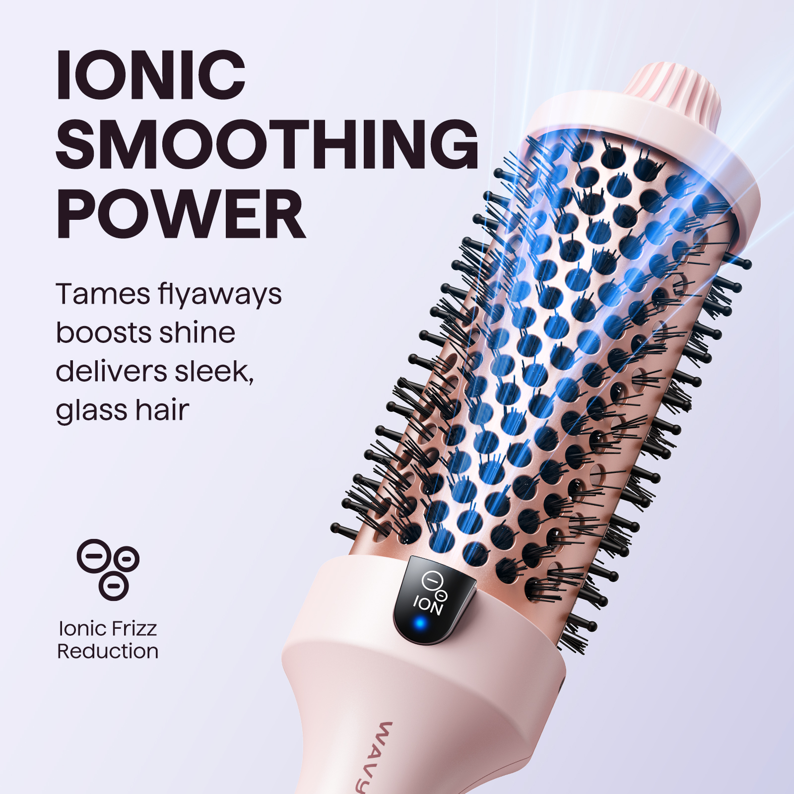 Une brosse ionique rose avec des flux d'ions bleus et du texte.