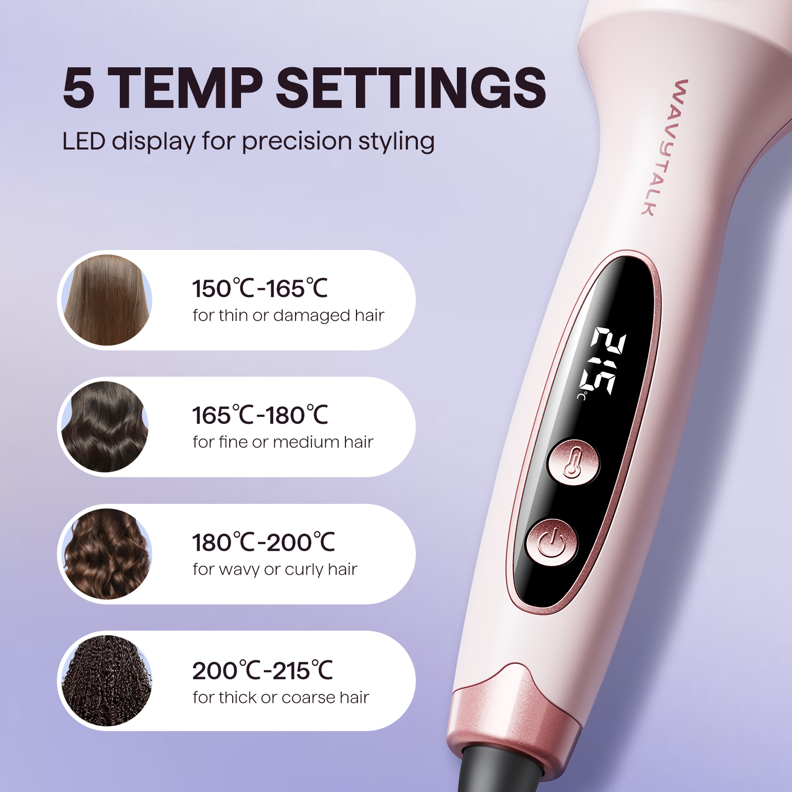 Lisseur avec écran LED affiche 5 réglages de température de 150-215°C.