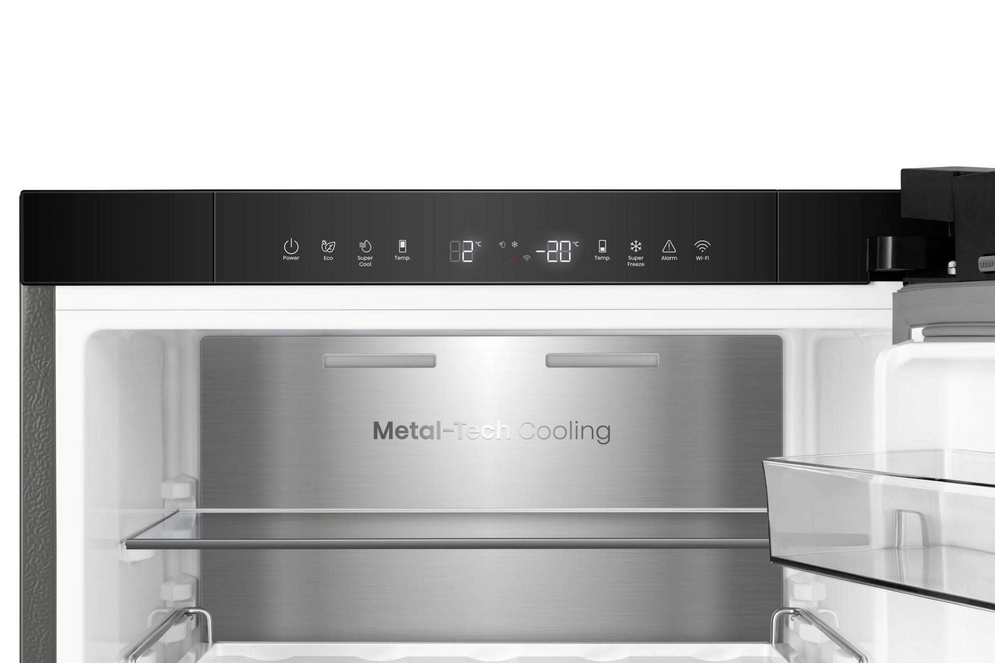 Una pantalla de refrigerador muestra 2°C y -20°C con iconos de Power, Eco, Super Cool, Alarm.