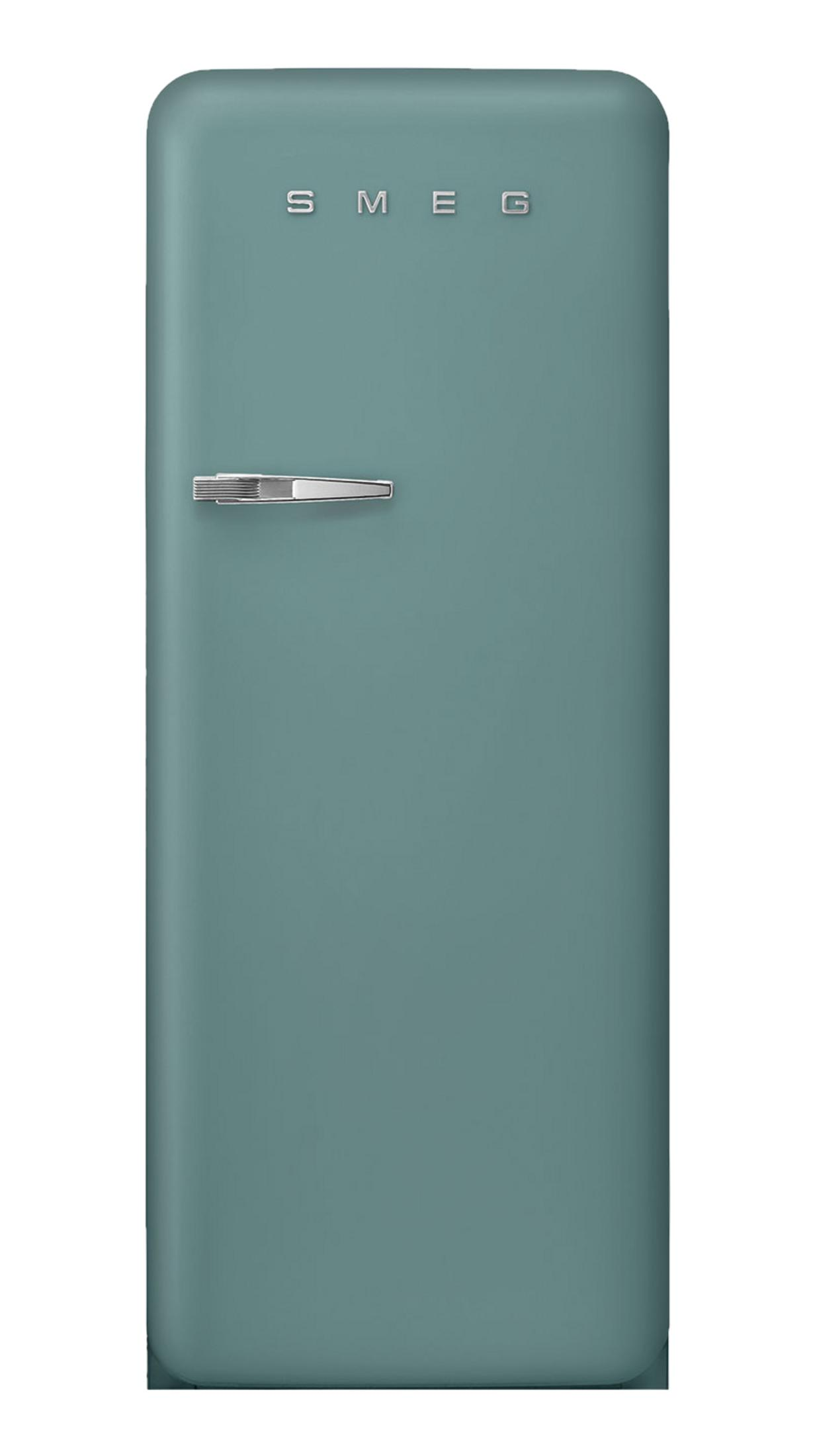 Ein türkisfarbener SMEG-Kühlschrank mit silbernem Griff und Logo.