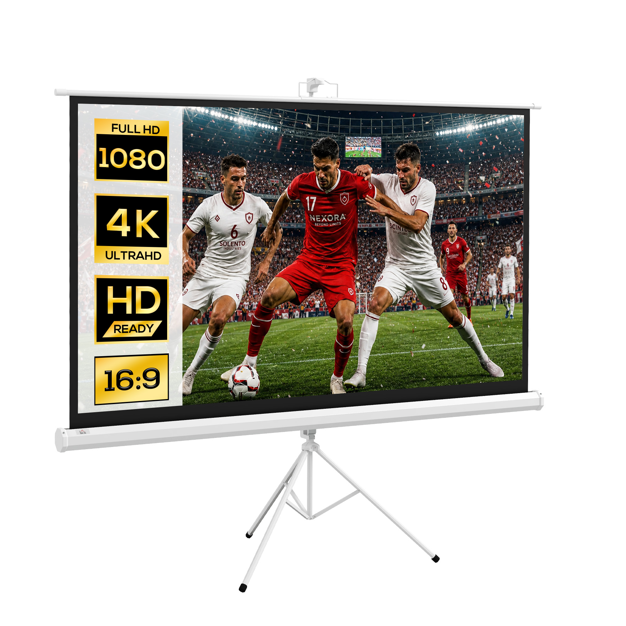 Schermo proiettore con partita di calcio. Full HD, 4K ULTRAHD, HD READY, 16:9.