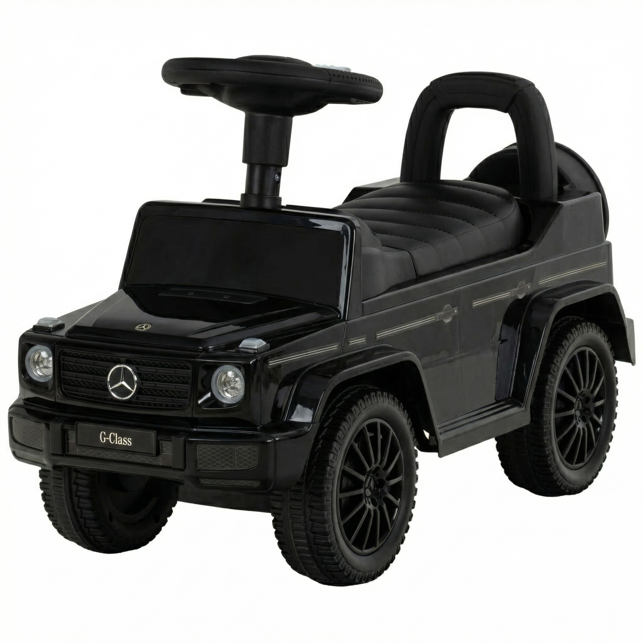 Schwarzer Kinder-G-Wagen mit Lenkrad, Sitz und Rädern.