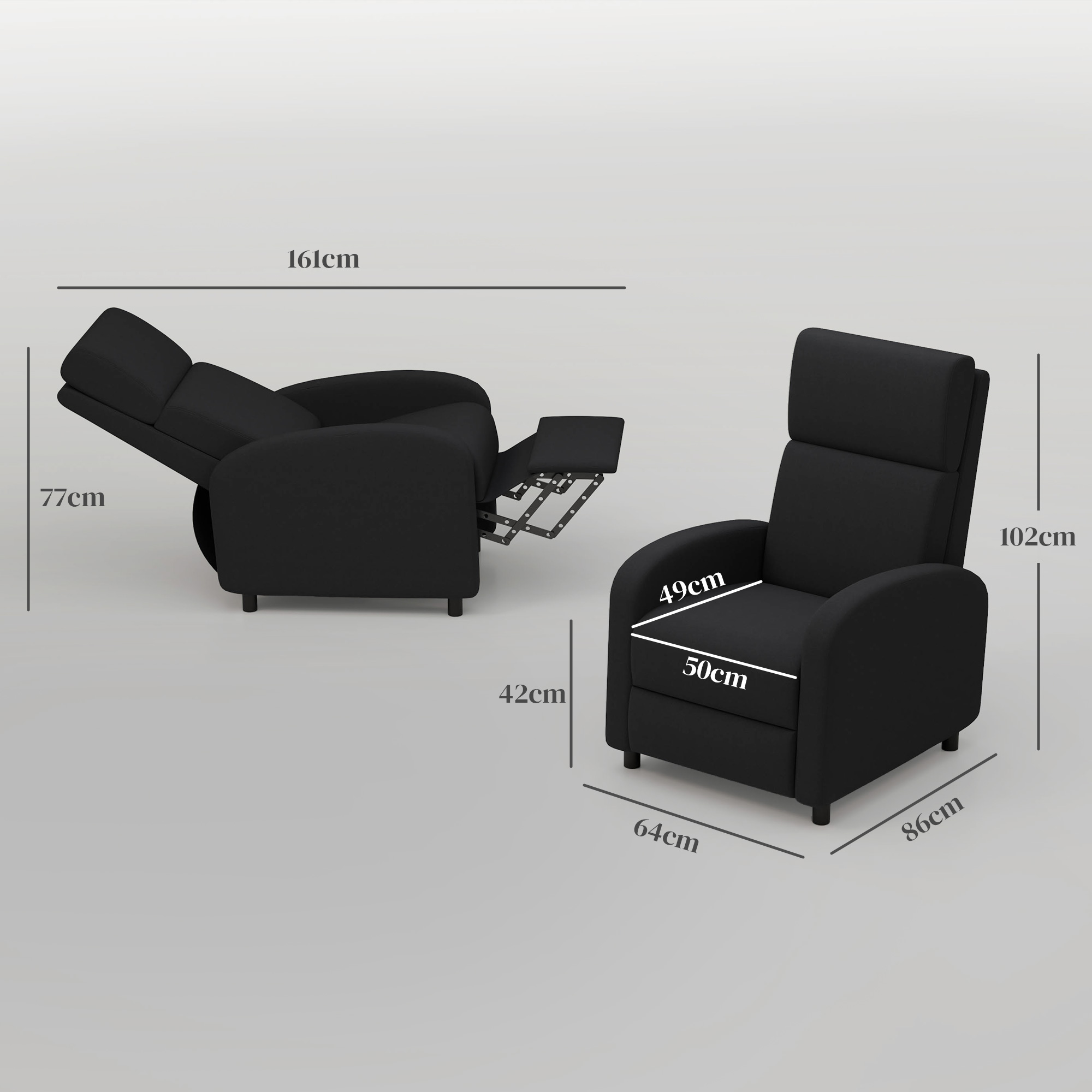 Un sillón reclinable negro mostrado en dos posiciones con dimensiones.