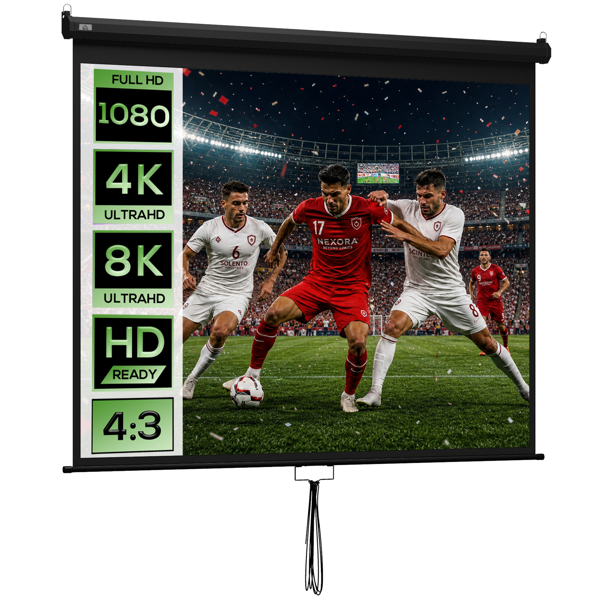 Partita di calcio su schermo con dettagli di risoluzione: 1080, 4K, 8K, HD Ready, 4:3.
