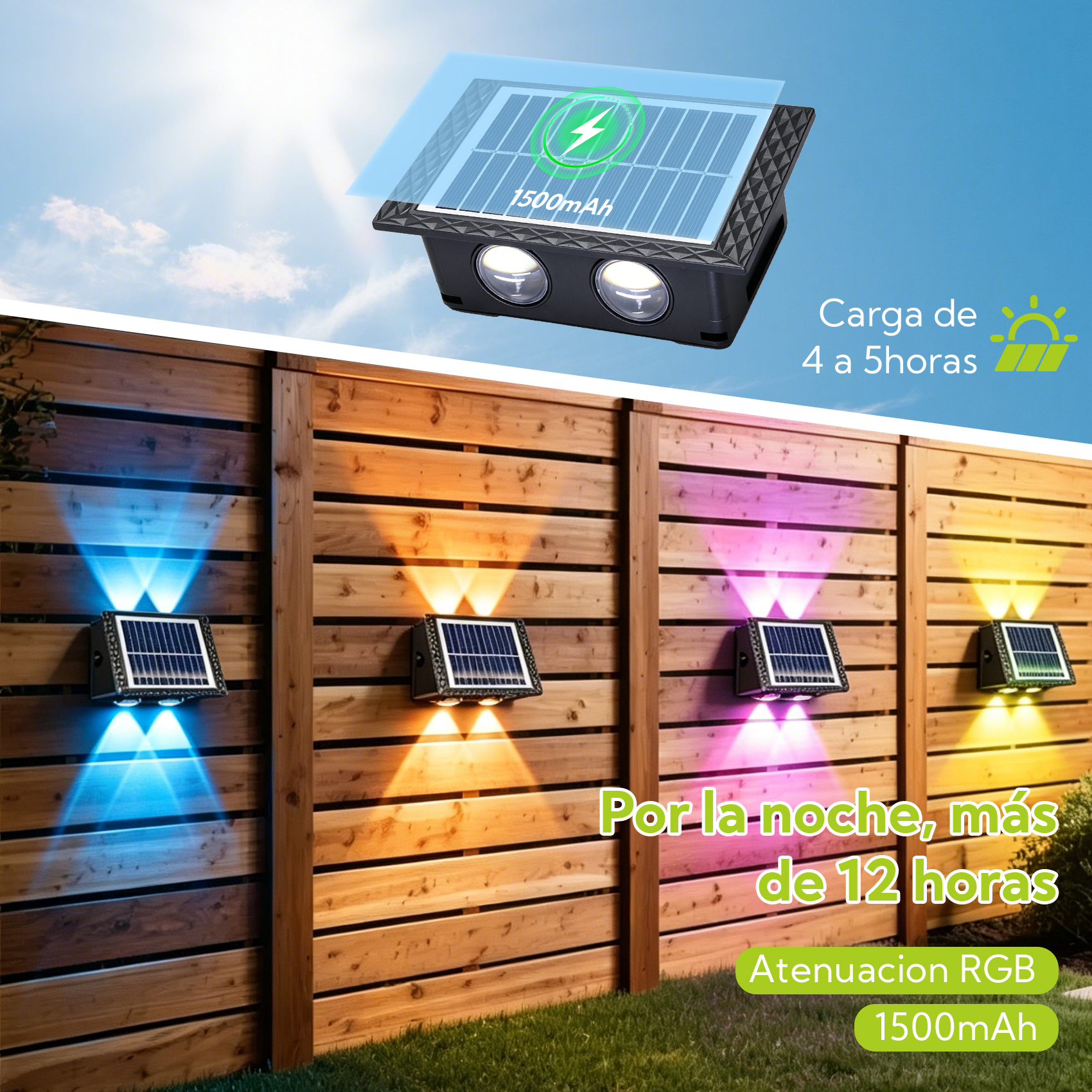 Luces solares en valla de madera con luz azul, naranja y morada. Info panel solar arriba.