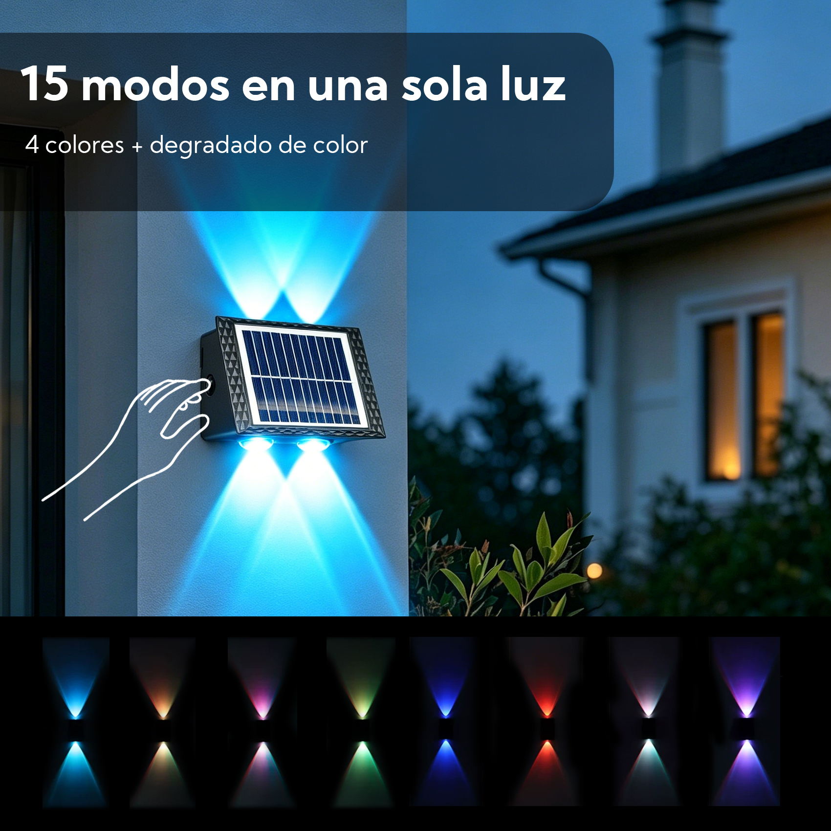 Luz solar con rayos azules en una pared, casa al fondo.