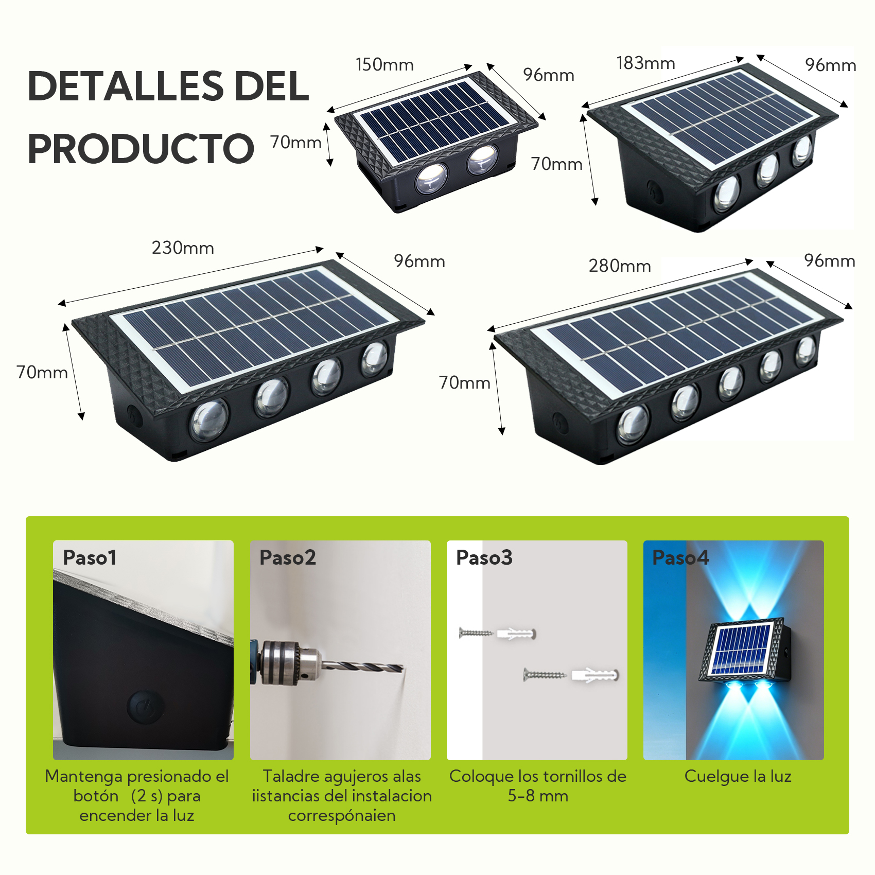 Detalles del producto con dimensiones y pasos de instalación de luces solares.