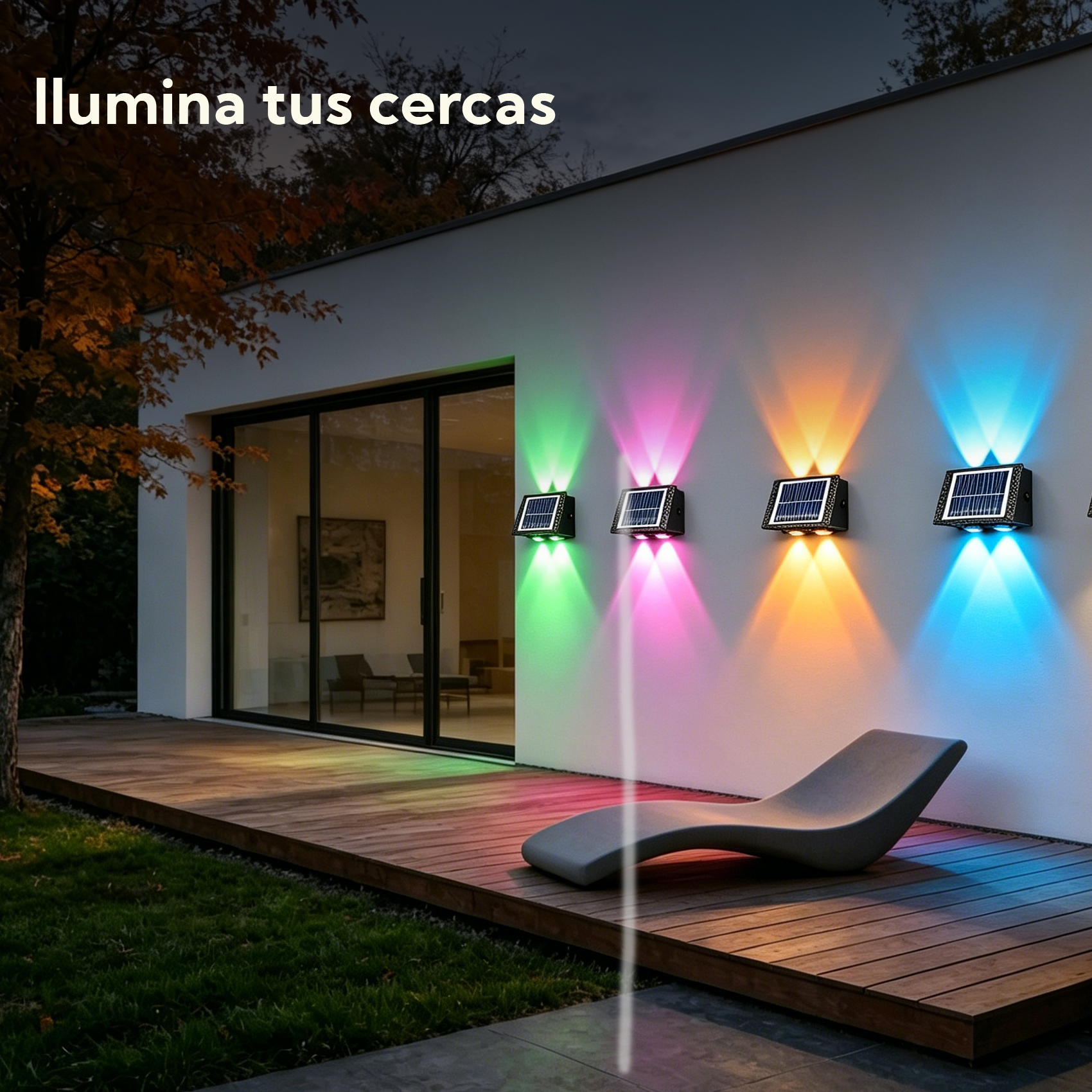 Apliques solares iluminan pared blanca con rayos verdes, rosas, naranjas y azules.