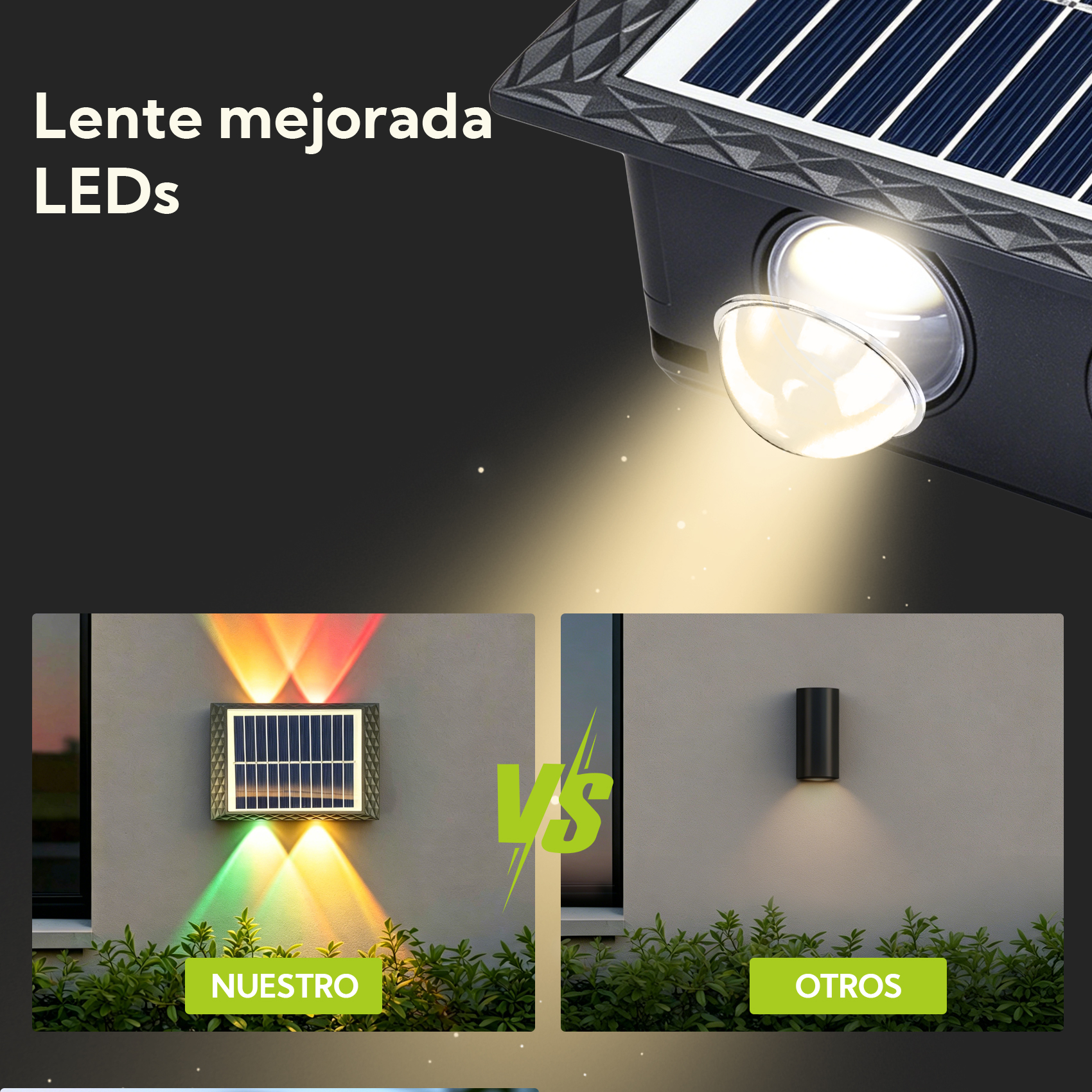 Comparación de luces solares: Una ilumina con haces coloridos, la otra con luz simple.