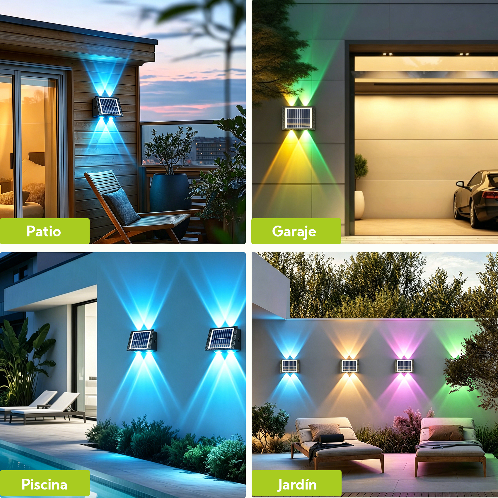 Cuatro apliques solares iluminan áreas exteriores con luz azul, amarilla, rosa y verde.