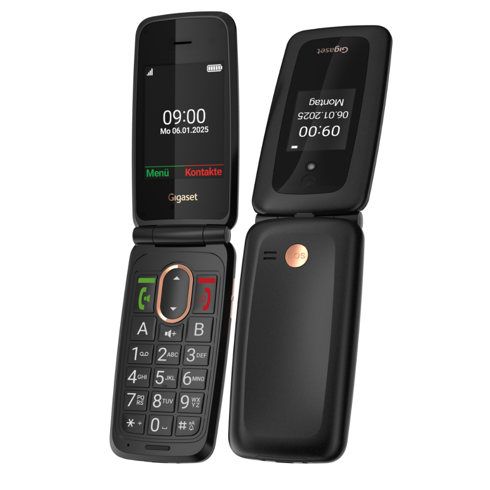 Deux téléphones à clapet noirs ouverts avec clavier et écran.