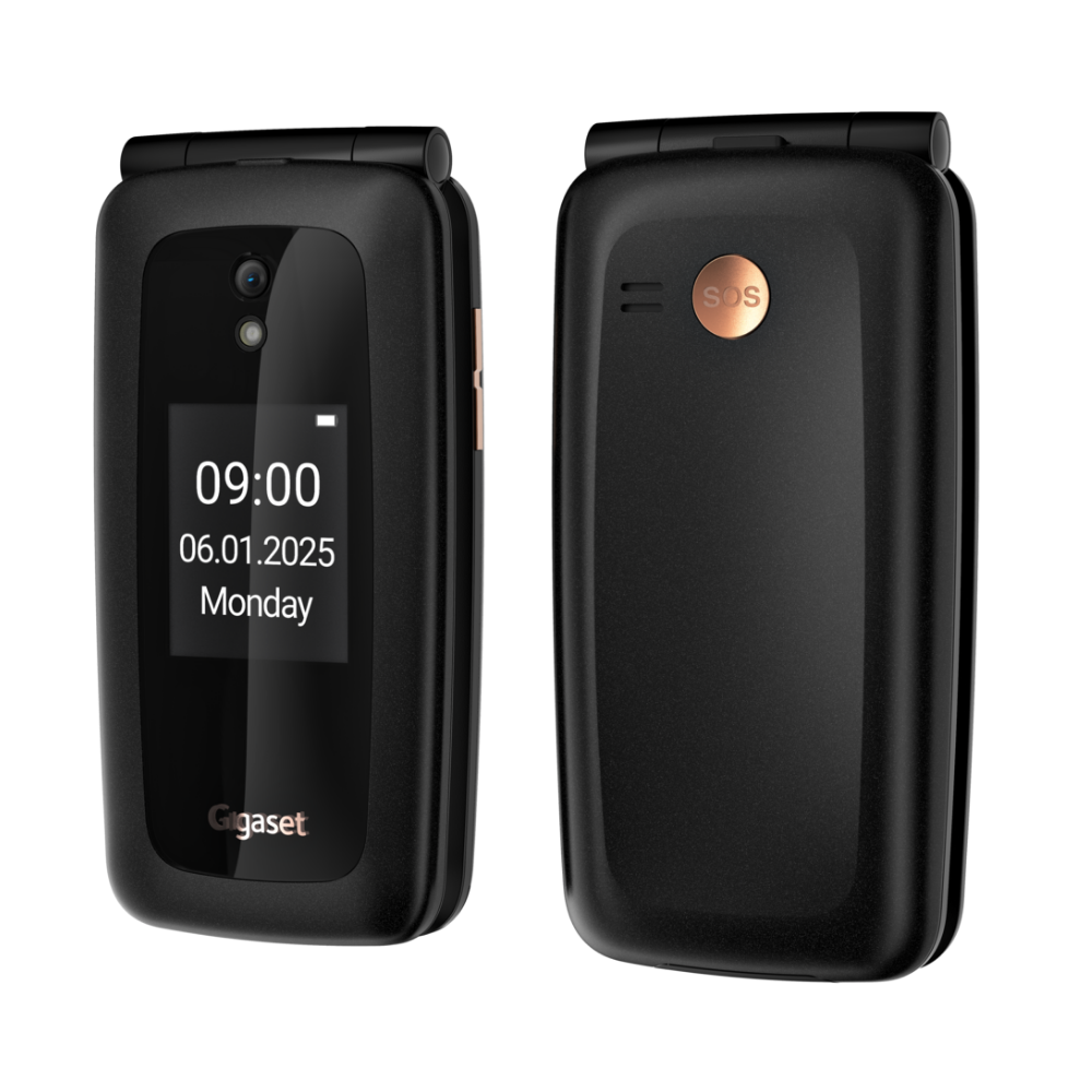 Deux téléphones à clapet noirs côte à côte. L'un affiche 09h00.