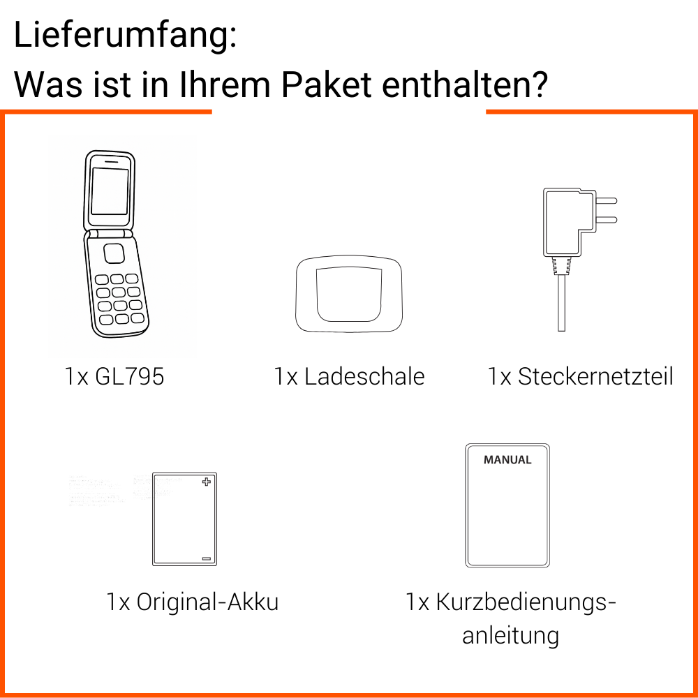 Un téléphone à clapet, chargeur, manuel et accessoires sont présentés.