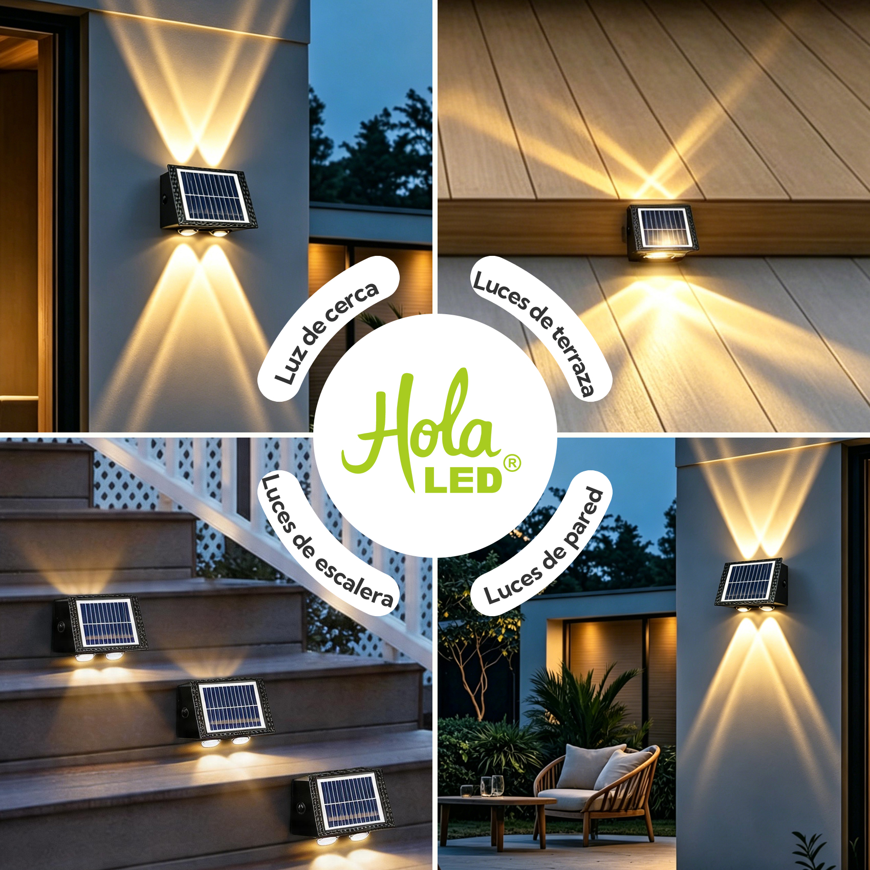 Cuatro imágenes muestran luces solares de pared en exteriores.