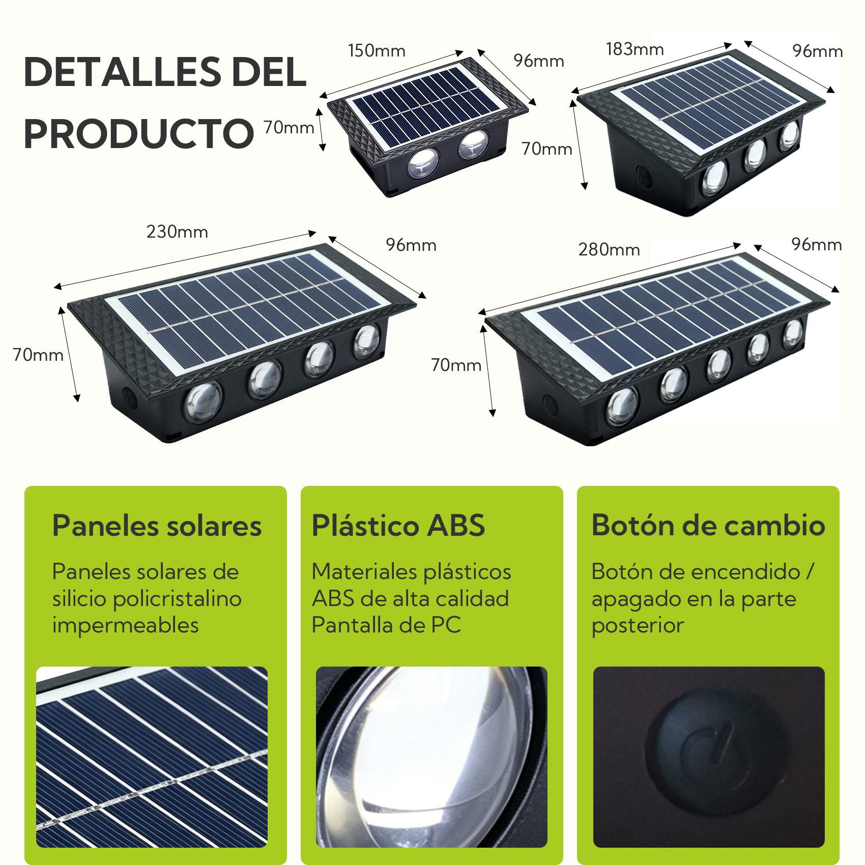 Detalles del producto: Paneles solares, plástico ABS y un botón de interruptor.