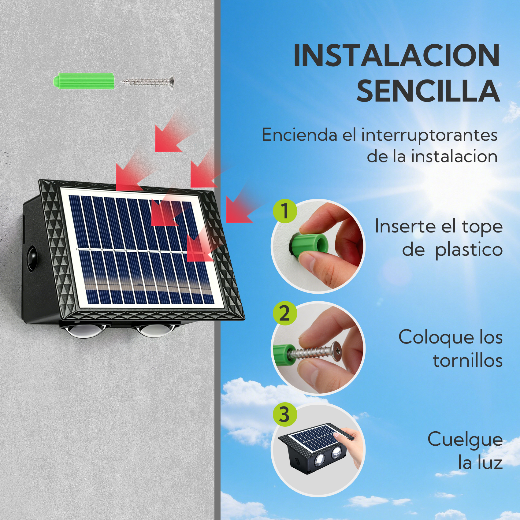Instrucciones para la fácil instalación de una luz solar con tornillos.