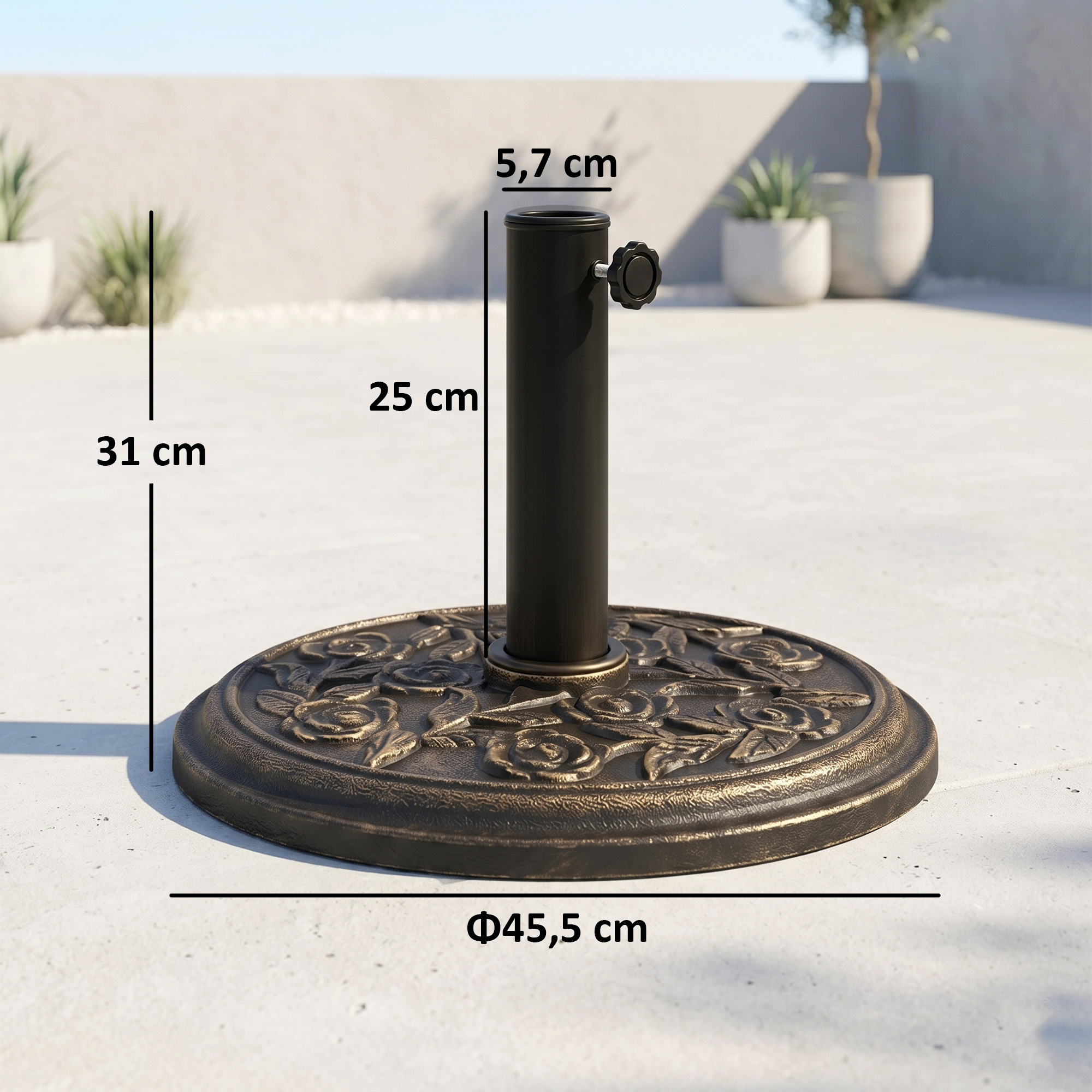 Base de sombrilla de bronce con diseño de rosas, 45,5 cm de diámetro.